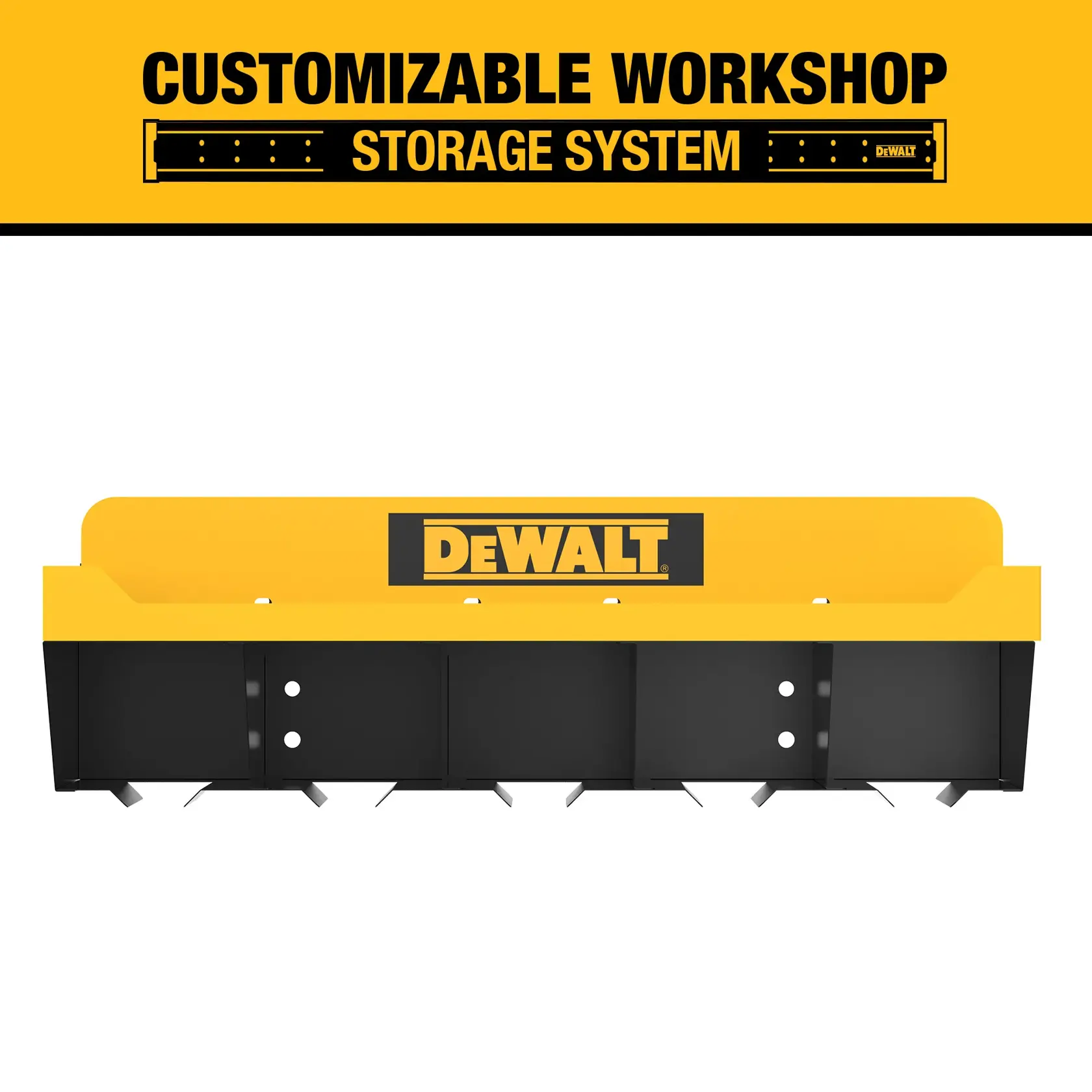Image of a DEWALT customizable workshop storage system. The product features a yellow and black wall-mounted organizer with the DEWALT logo, designed for tool and accessory storage.
