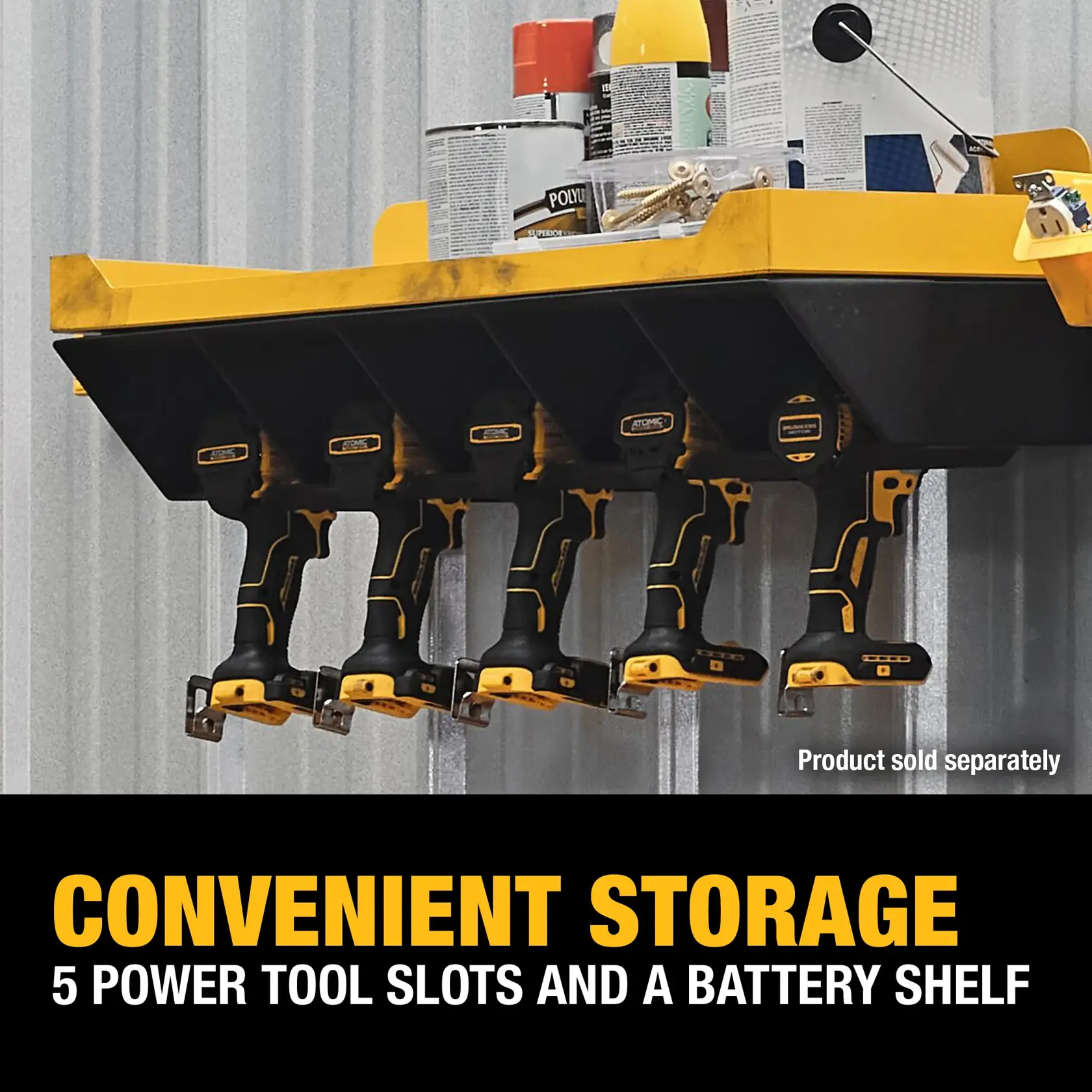 A DEWALT storage rack mounted on a wall, featuring five slots for power tools and a top shelf holding cans, containers, and screws. The tools and items shown are sold separately. Promoted as convenient storage with five power tool slots and a battery shelf.