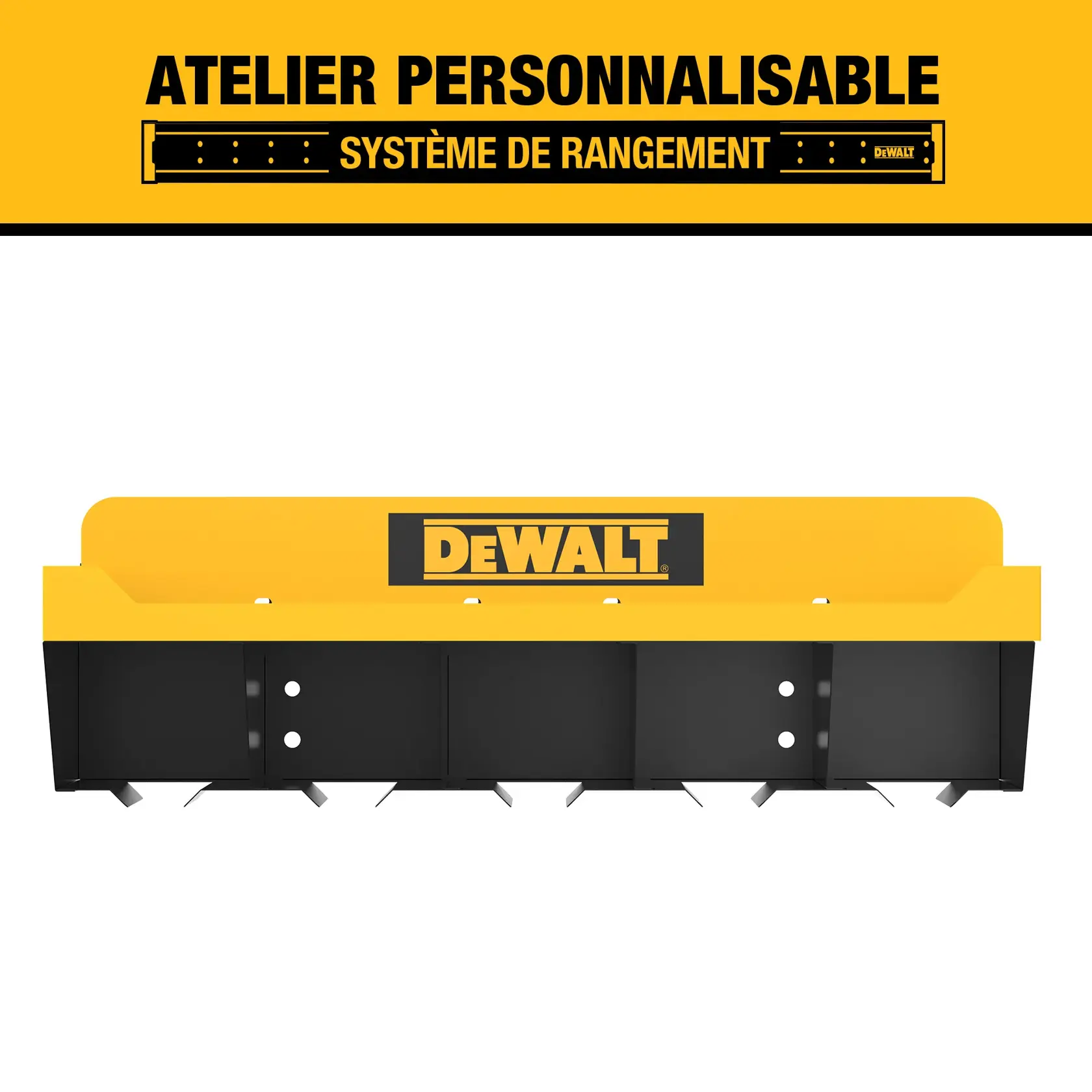 Image of a DEWALT customizable workshop storage system. The product features a yellow and black wall-mounted organizer with the DEWALT logo, designed for tool and accessory storage.