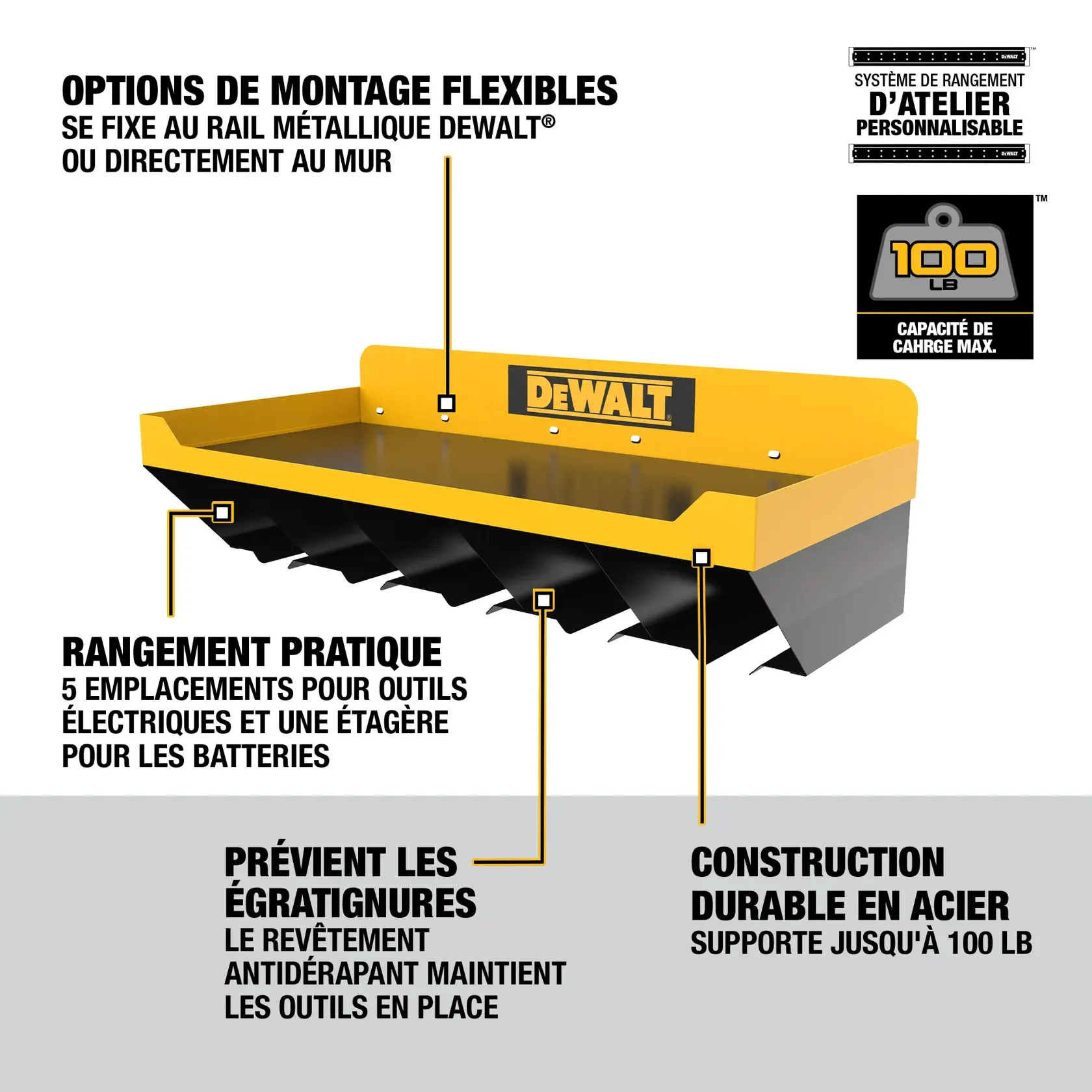 A DEWALT branded steel tool organizer featuring five power tool slots and a battery shelf. The organizer has flexible mount options for attaching to a DEWALT metal rail or directly to a wall. It offers convenient storage, a slip-resistant coating to help prevent damage by keeping tools in place, and supports up to 100 lbs maximum load capacity as part of a customizable workshop storage system.