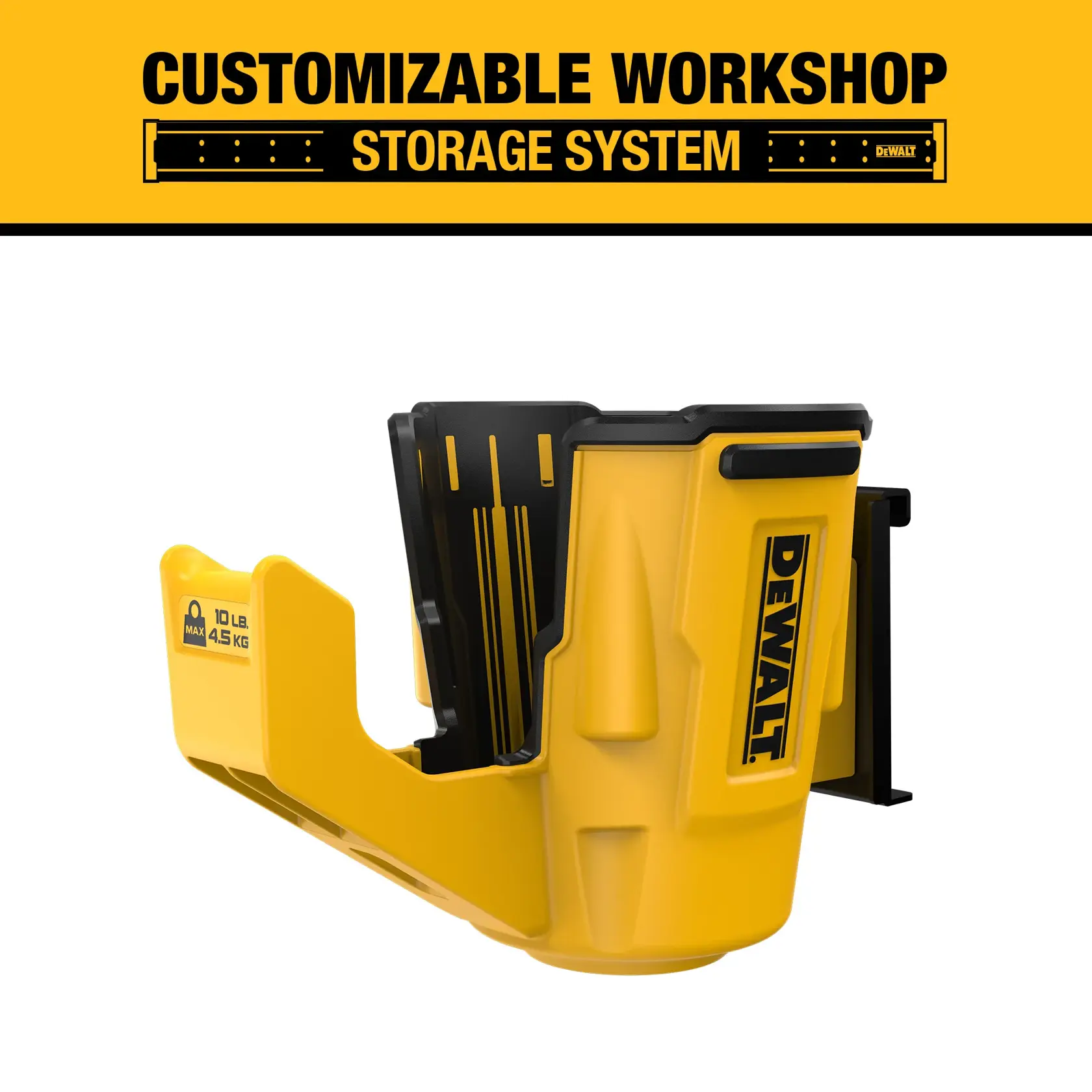 DEWALT customizable workshop storage system with a yellow and black wall-mounted holder for tools or accessories, labeled with a maximum weight capacity of 10 lbs (4.5 kg), SKU DWST82823.