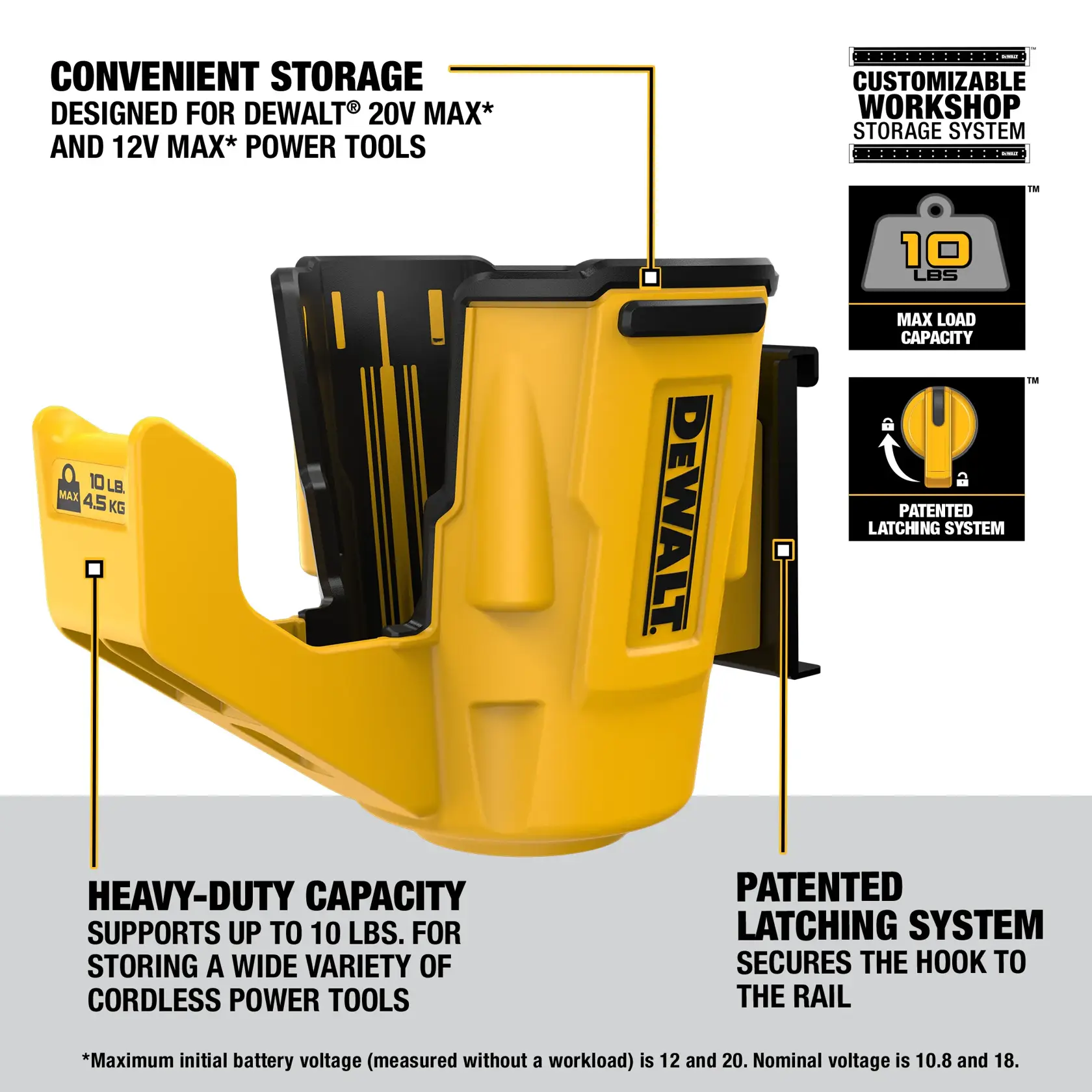 Image showing a yellow DEWALT tool holder with black accents, designed for storing DEWALT 20V MAX and 12V MAX power tools. Features include a heavy-duty capacity supporting up to 10 pounds, a patented latching system for securing the hook to the rail, and compatibility with a customizable workshop storage system.