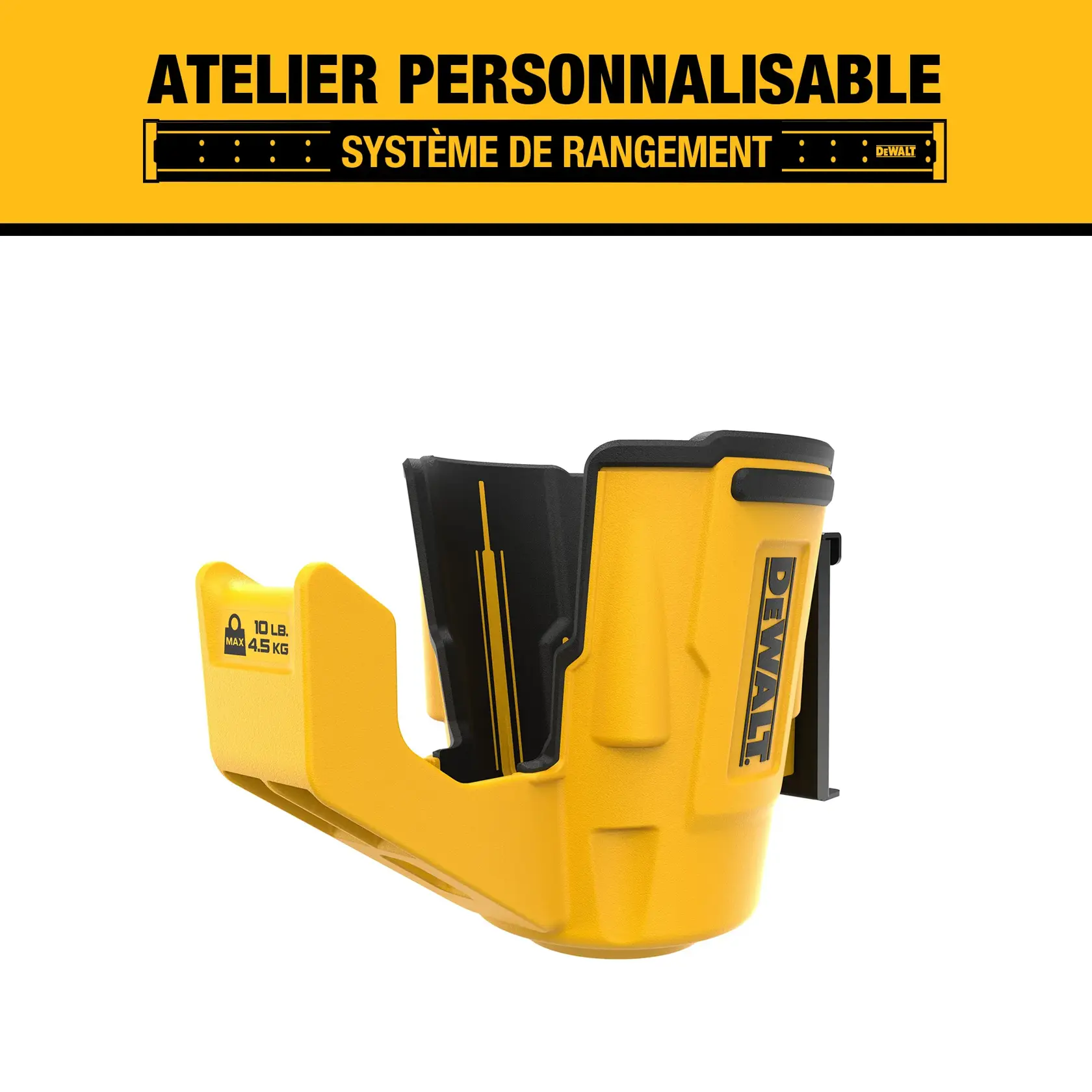 DEWALT customizable workshop storage system with a yellow and black wall-mounted holder for tools or accessories, labeled with a maximum weight capacity of 10 lbs (4.5 kg), SKU DWST82823.