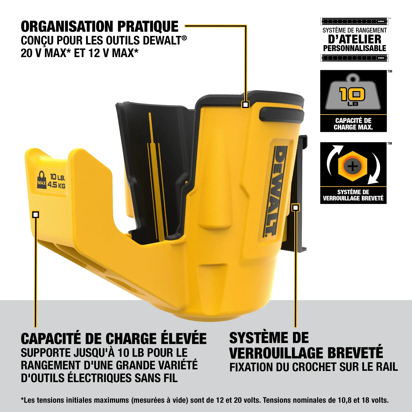 Image showing a yellow DEWALT tool holder with black accents, designed for storing DEWALT 20V MAX and 12V MAX power tools. Features include a heavy-duty capacity supporting up to 10 pounds, a patented latching system for securing the hook to the rail, and compatibility with a customizable workshop storage system.