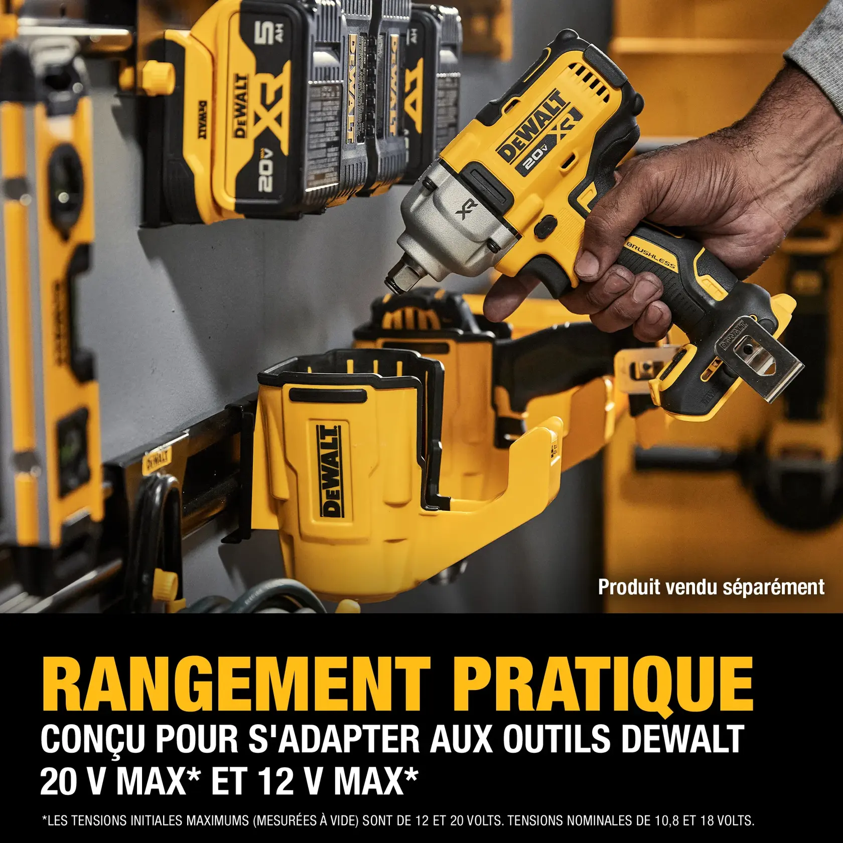 A hand places a DEWALT 20V MAX power tool into a yellow storage holder mounted on a wall. Multiple DEWALT batteries and tools are organized on the storage system. Text reads: 'CONVENIENT STORAGE. Designed to fit DEWALT 20V MAX and 12V MAX power tools. Product sold separately.'