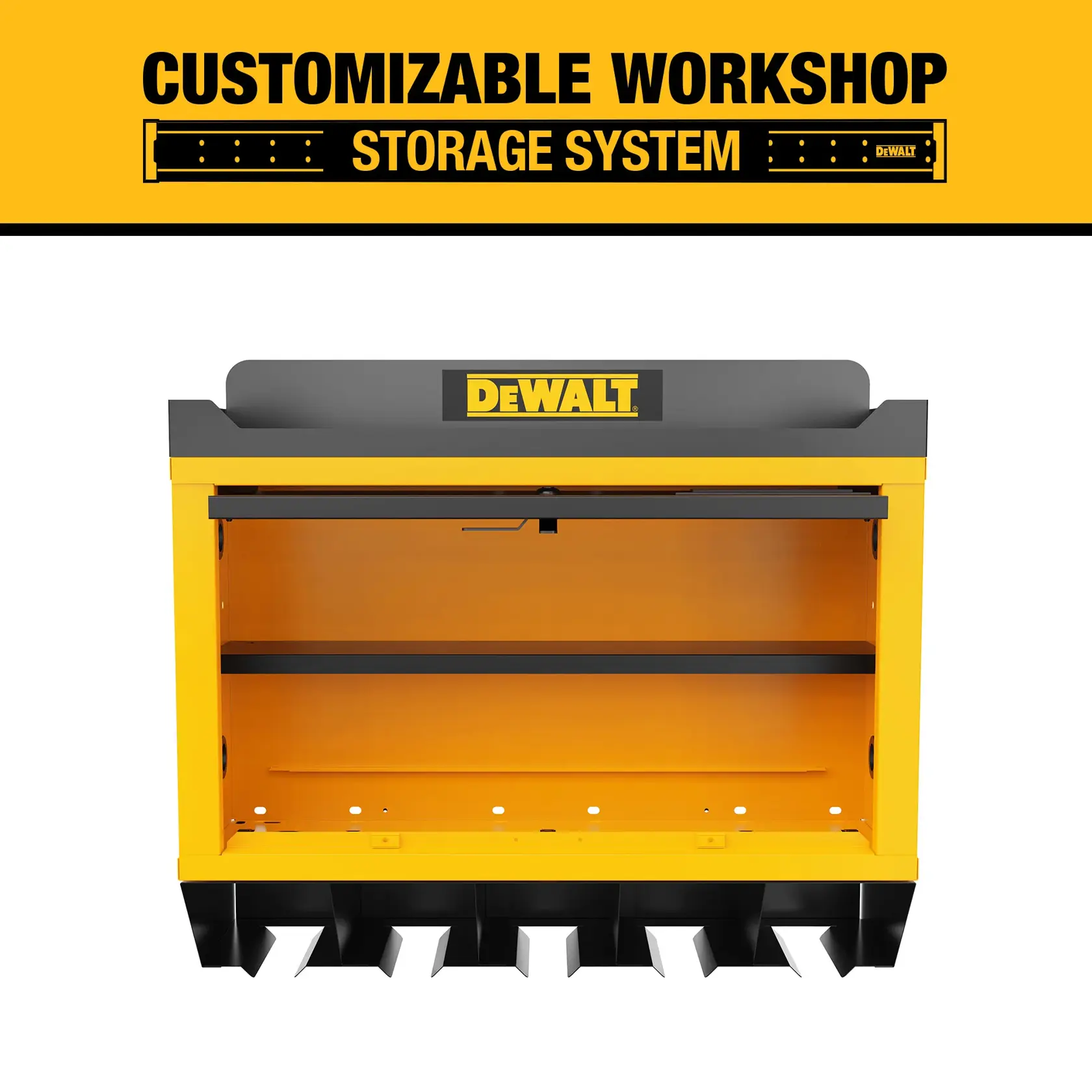 A yellow and black DEWALT customizable workshop storage system cabinet with compartments and shelf, viewed from the front. The DEWALT logo is displayed on the product and at the top of the image, which states 'Customizable Workshop Storage System.'