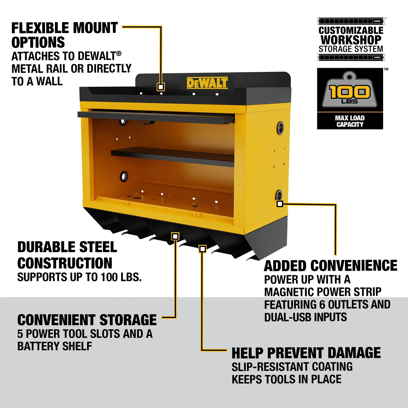Image of a DEWALT customizable workshop storage system featuring a yellow and black steel cabinet. Highlights include flexible mounting options for attaching to a wall or metal rail, durable steel construction supporting up to 100 lbs, convenient storage with five power tool slots and a battery shelf, added convenience with a magnetic power strip (six outlets and dual USB inputs), and slip-resistant coating to keep tools in place.
