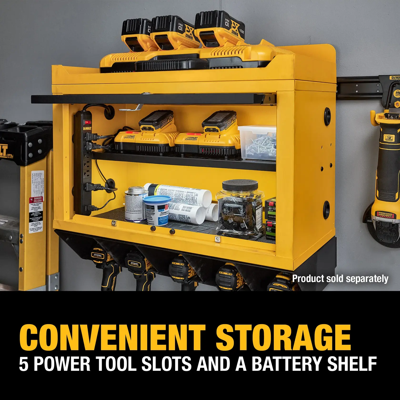 A yellow DEWALT wall-mounted storage cabinet with five slots holding power tools, a top shelf with four batteries charging, and additional shelves storing screws, containers, and tools. Large text at the bottom reads: 'CONVENIENT STORAGE - 5 POWER TOOL SLOTS AND A BATTERY SHELF.' The cabinet is organized and labeled 'Product sold separately.'