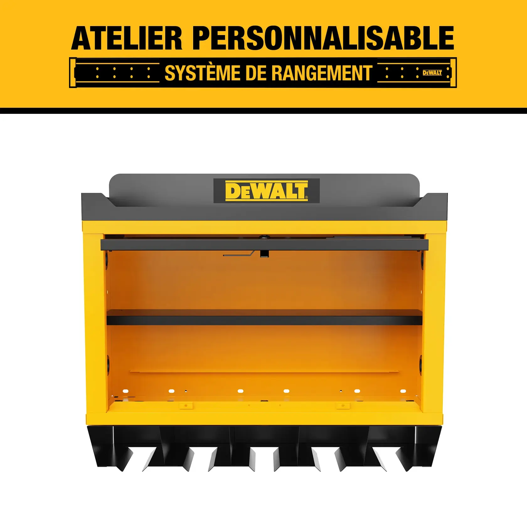 A yellow and black DEWALT customizable workshop storage system cabinet with compartments and shelf, viewed from the front. The DEWALT logo is displayed on the product and at the top of the image, which states 'Customizable Workshop Storage System.'