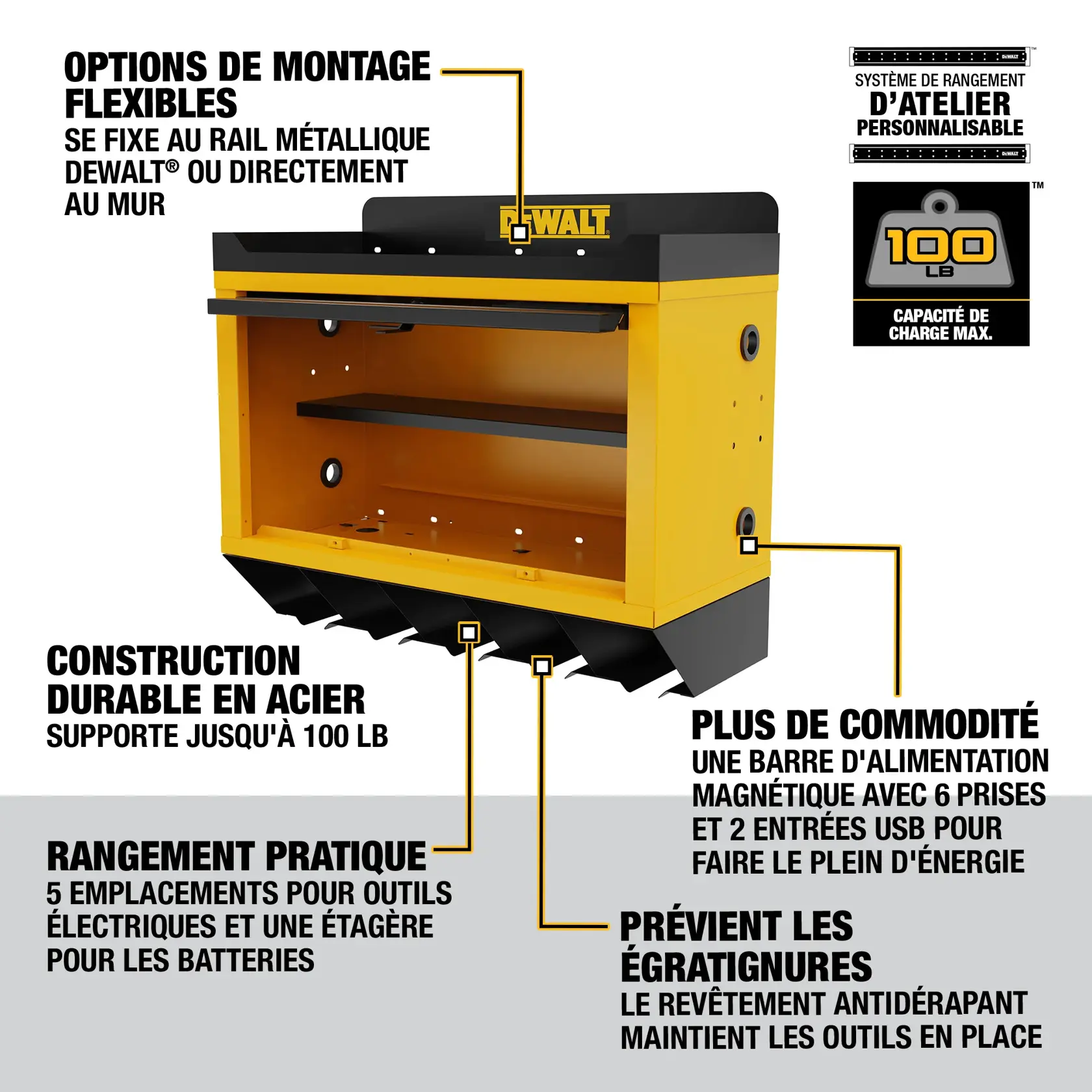 Image of a DEWALT customizable workshop storage system featuring a yellow and black steel cabinet. Highlights include flexible mounting options for attaching to a wall or metal rail, durable steel construction supporting up to 100 lbs, convenient storage with five power tool slots and a battery shelf, added convenience with a magnetic power strip (six outlets and dual USB inputs), and slip-resistant coating to keep tools in place.