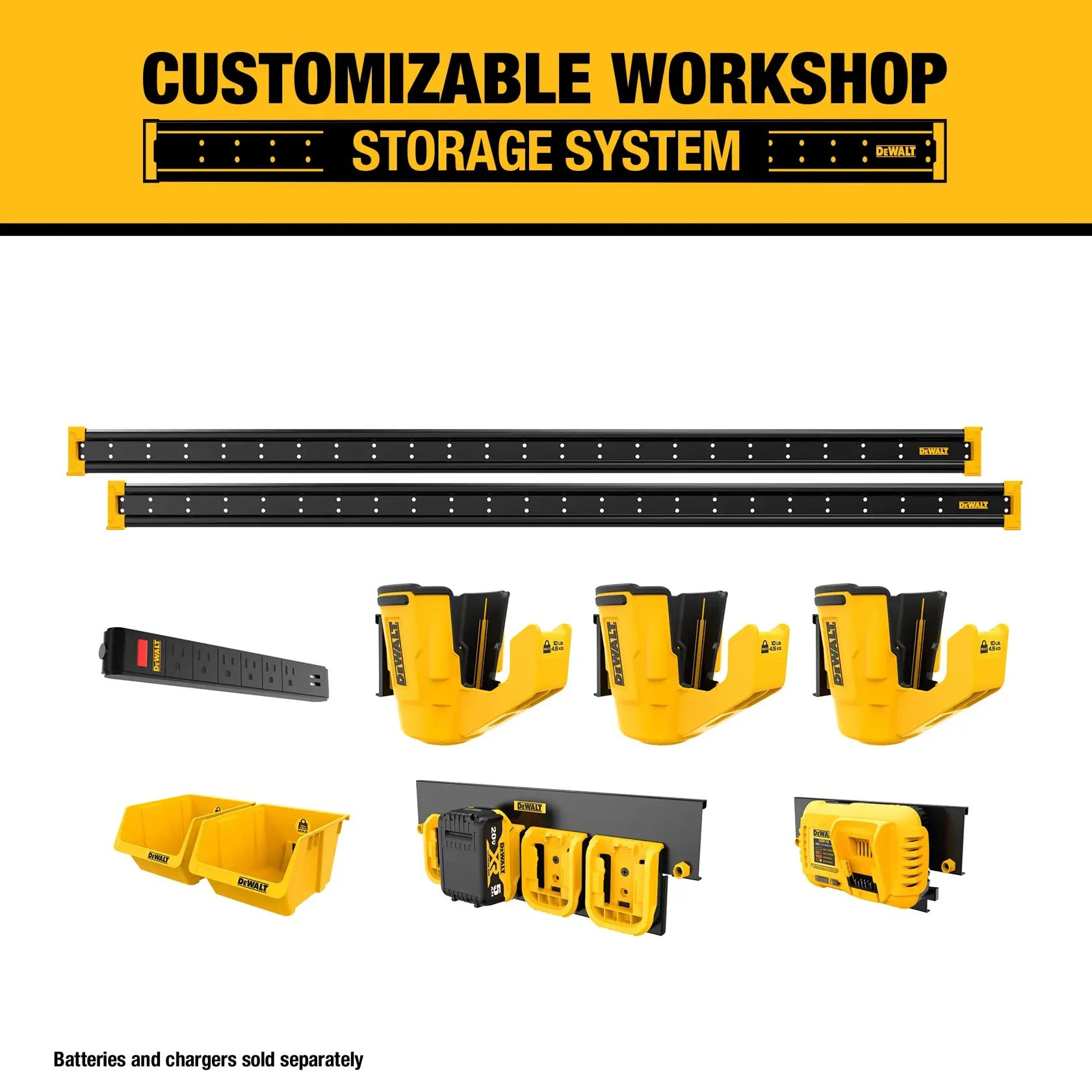 Image of a DEWALT customizable workshop storage system showing various components. The set includes two black mounting rails, yellow and black drill holders, yellow storage bins, a black power strip, and a charging station panel. Batteries and chargers are sold separately.