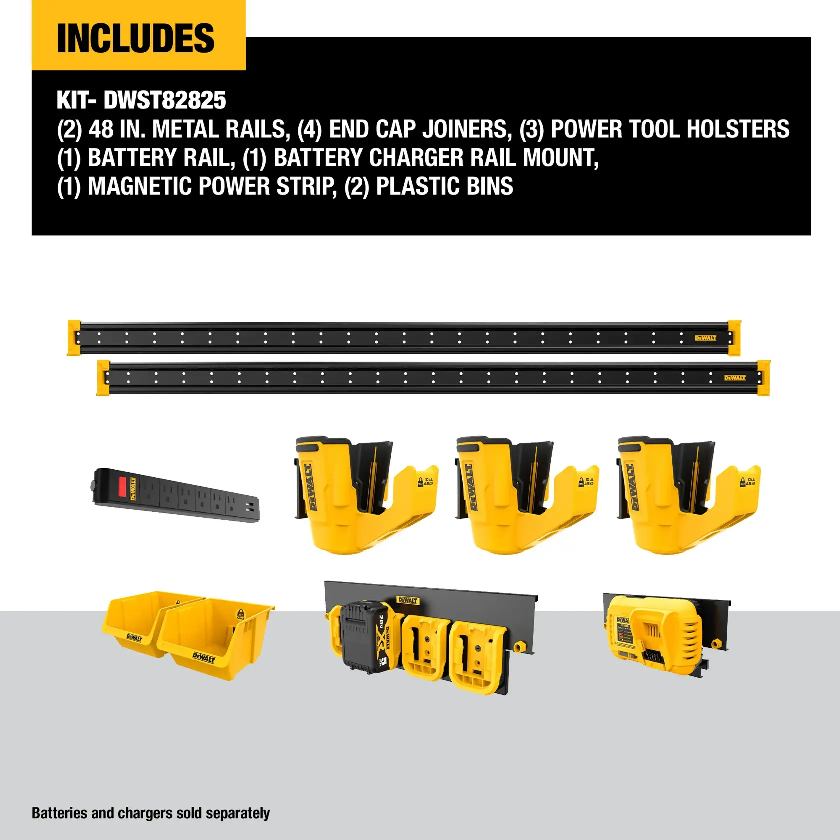 A product image for the DEWALT kit DWST82825, showing included items: two 48-inch metal rails, four end cap joiners, three power tool holsters, one battery rail, one battery charger rail mount, one magnetic power strip, and two yellow plastic bins. Batteries and chargers are shown for demonstration but are sold separately.