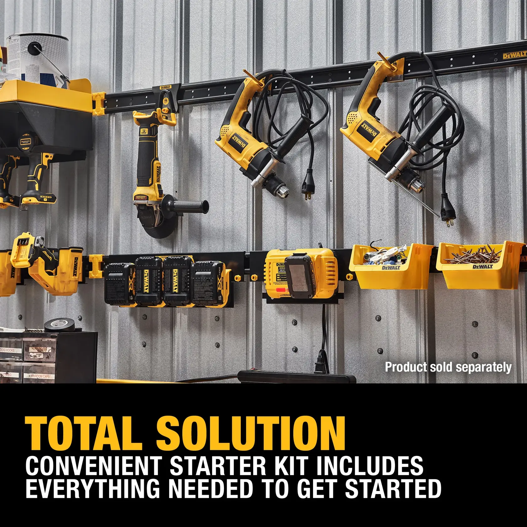 A metal wall with a DEWALT tool organization system mounted, holding various yellow and black DEWALT power tools, battery chargers, and bins for accessories. The image promotes a convenient starter kit that includes everything needed to get started. Text on image reads: 'TOTAL SOLUTION. Convenient starter kit includes everything needed to get started. Product sold separately.'
