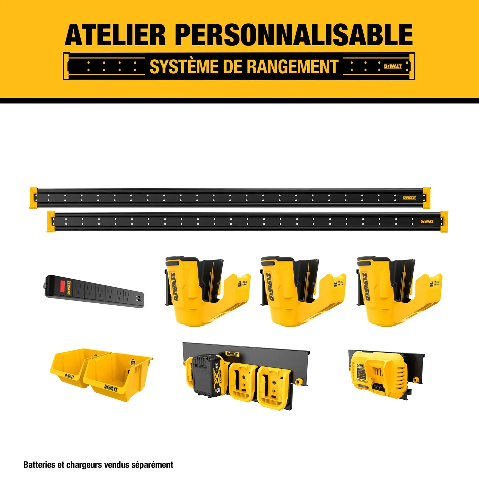 Image of a DEWALT customizable workshop storage system showing various components. The set includes two black mounting rails, yellow and black drill holders, yellow storage bins, a black power strip, and a charging station panel. Batteries and chargers are sold separately.