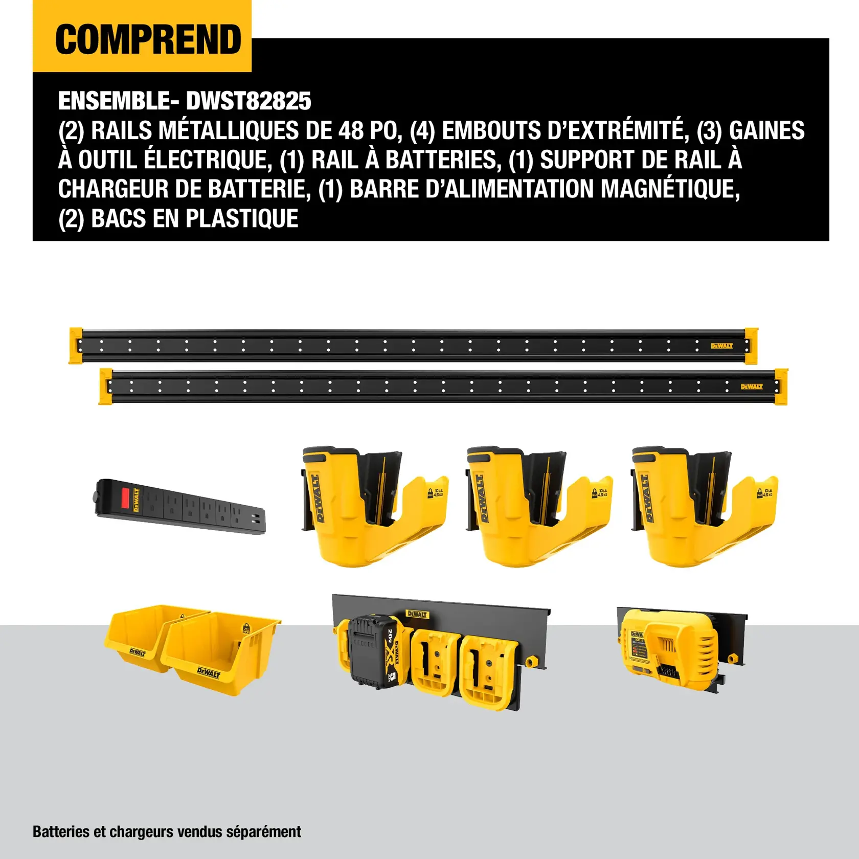 A product image for the DEWALT kit DWST82825, showing included items: two 48-inch metal rails, four end cap joiners, three power tool holsters, one battery rail, one battery charger rail mount, one magnetic power strip, and two yellow plastic bins. Batteries and chargers are shown for demonstration but are sold separately.