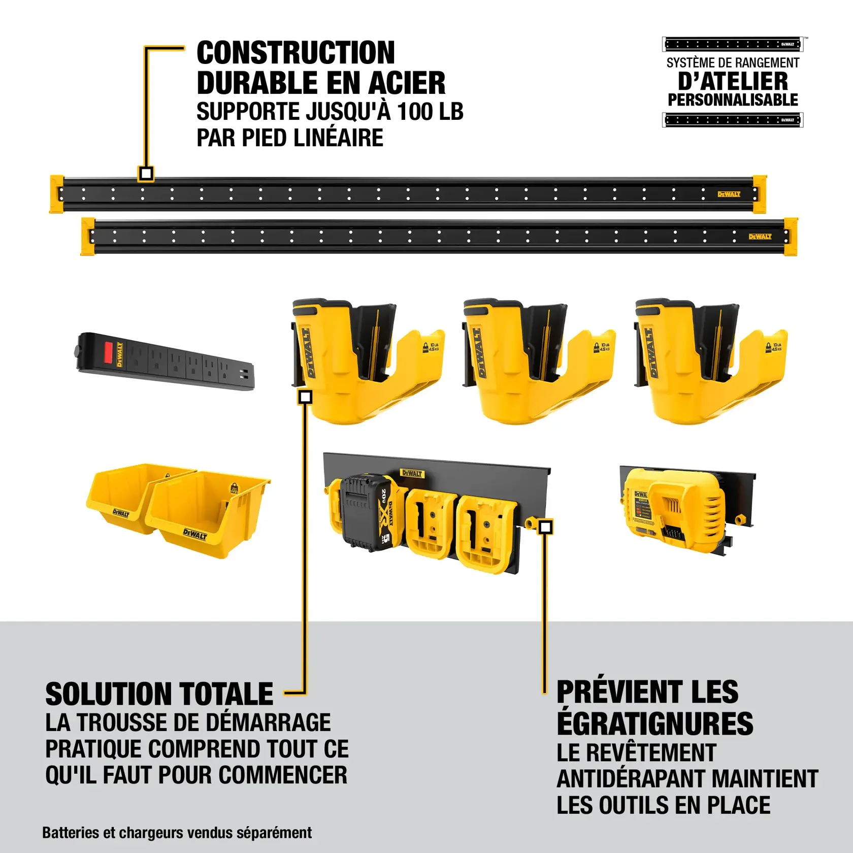 Image showing components and features of a DEWALT customizable workshop storage system starter kit. It includes two steel rails, yellow hook attachments, bins, a power strip, and a tool holder for batteries and chargers. Key features highlighted are durable steel construction that supports up to 100 lbs per linear foot, slip-resistant coating to keep tools in place, and that the kit contains everything needed to get started, except batteries and chargers (sold separately).