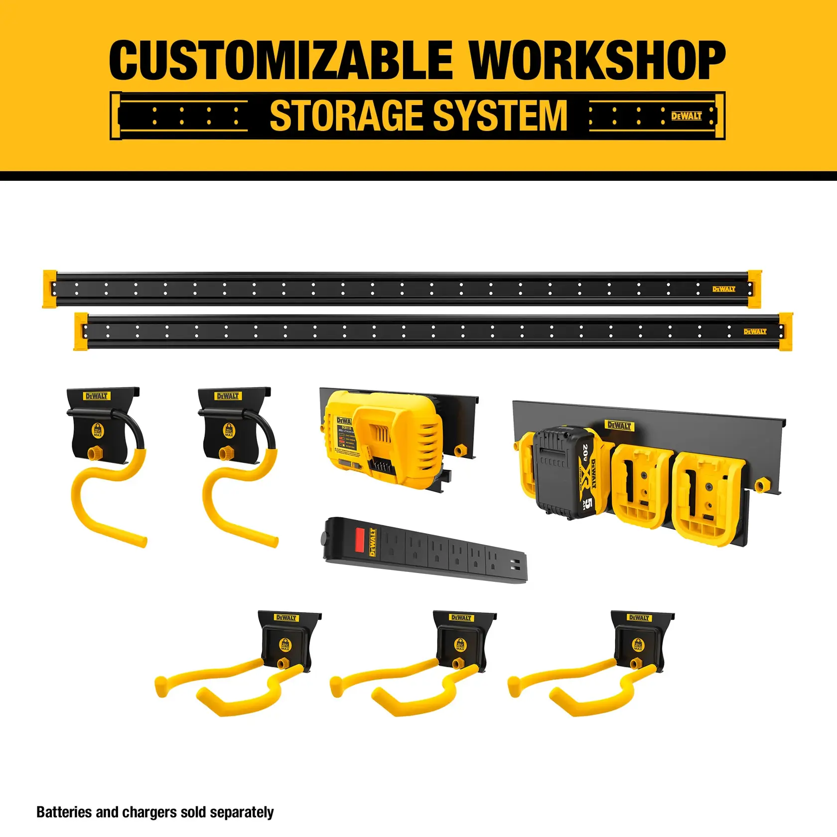 Image showing the DEWALT customizable workshop storage system. The system includes black and yellow wall-mounted rails, hooks, holders, and brackets for organizing tools, batteries, and chargers. Text at the top highlights 'Customizable Workshop Storage System.' Note at the bottom: 'Batteries and chargers sold separately.'