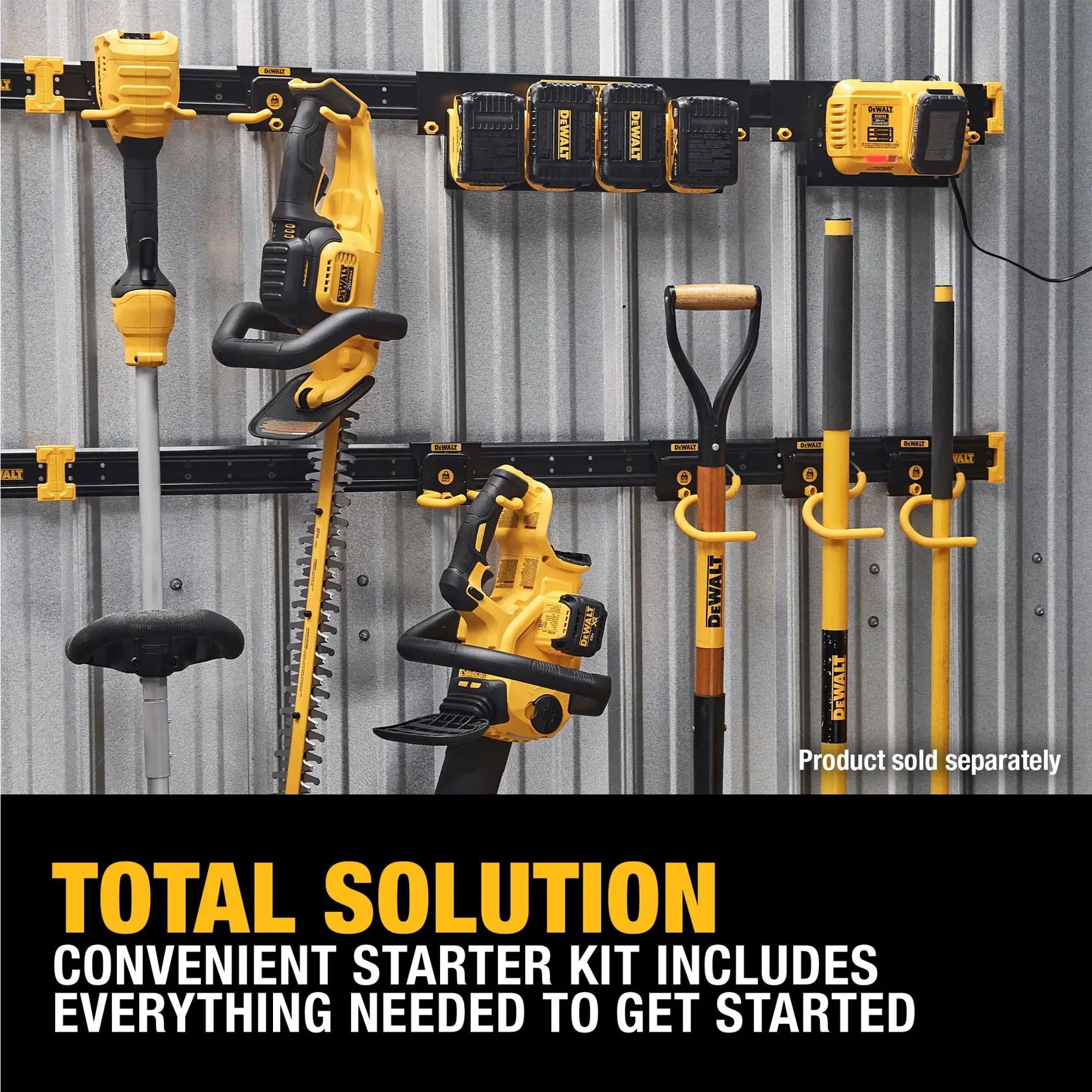 DEWALT starter kit for organizing and storing power tools, batteries, chargers, and gardening tools mounted on a wall with hooks and holders. The display includes yellow and black DEWALT branded tools and accessories, with text promoting a convenient starter kit solution.