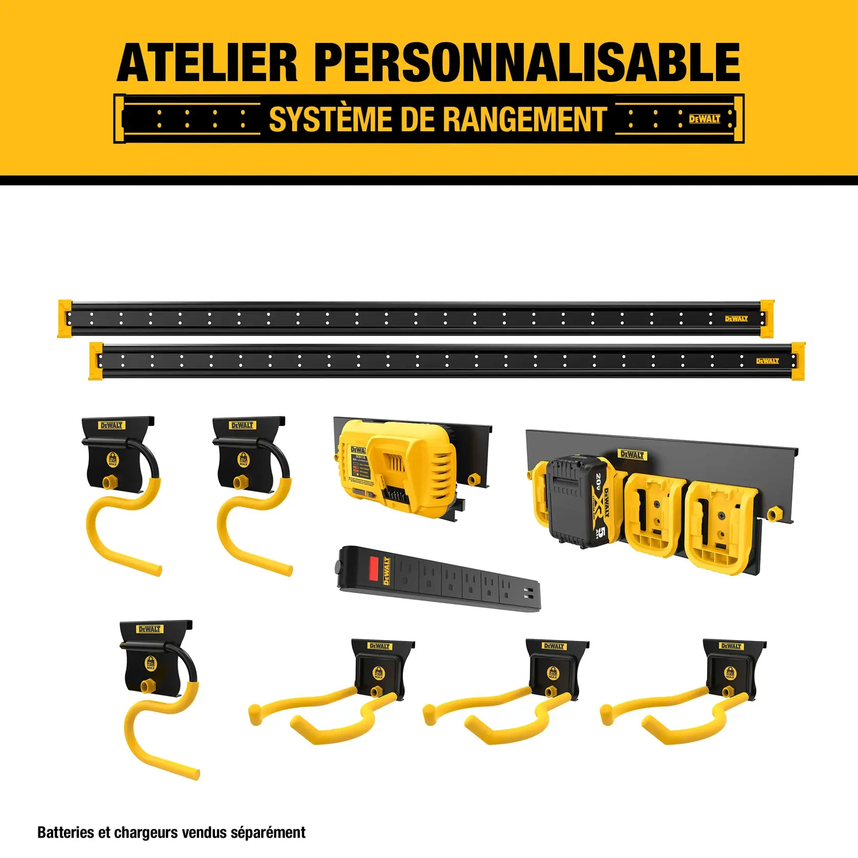 Image showing the DEWALT customizable workshop storage system. The system includes black and yellow wall-mounted rails, hooks, holders, and brackets for organizing tools, batteries, and chargers. Text at the top highlights 'Customizable Workshop Storage System.' Note at the bottom: 'Batteries and chargers sold separately.'
