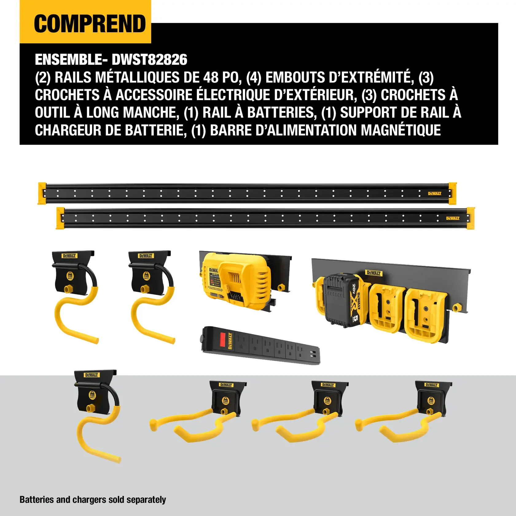 DEWALT DWST82826 kit contents are shown: two 48 inch metal rails, four end cap joiners, three outdoor power equipment hooks, three long handled tool hooks, one battery rail, one battery charger rail mount, and one magnetic power strip. Batteries and chargers are not included.