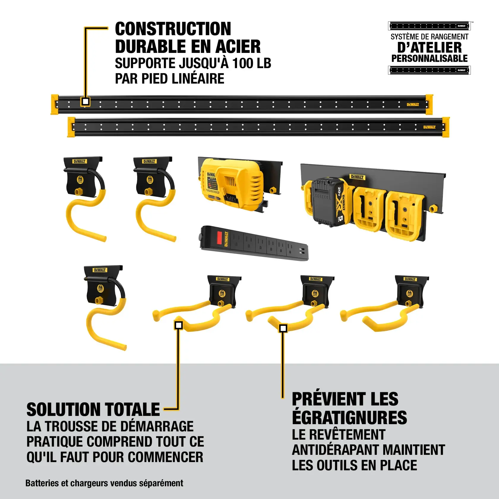 DEWALT customizable workshop storage system starter kit. Image shows a set of durable steel rails, multiple hooks, and tool holders in black and yellow. Features include support of up to 100 lbs per linear foot, slip-resistant coating to keep tools in place, and all components needed to start organizing a workshop. Text highlights include 'Durable Steel Construction,' 'Total Solution,' and 'Help Prevent Damage.' Batteries and chargers are sold separately.