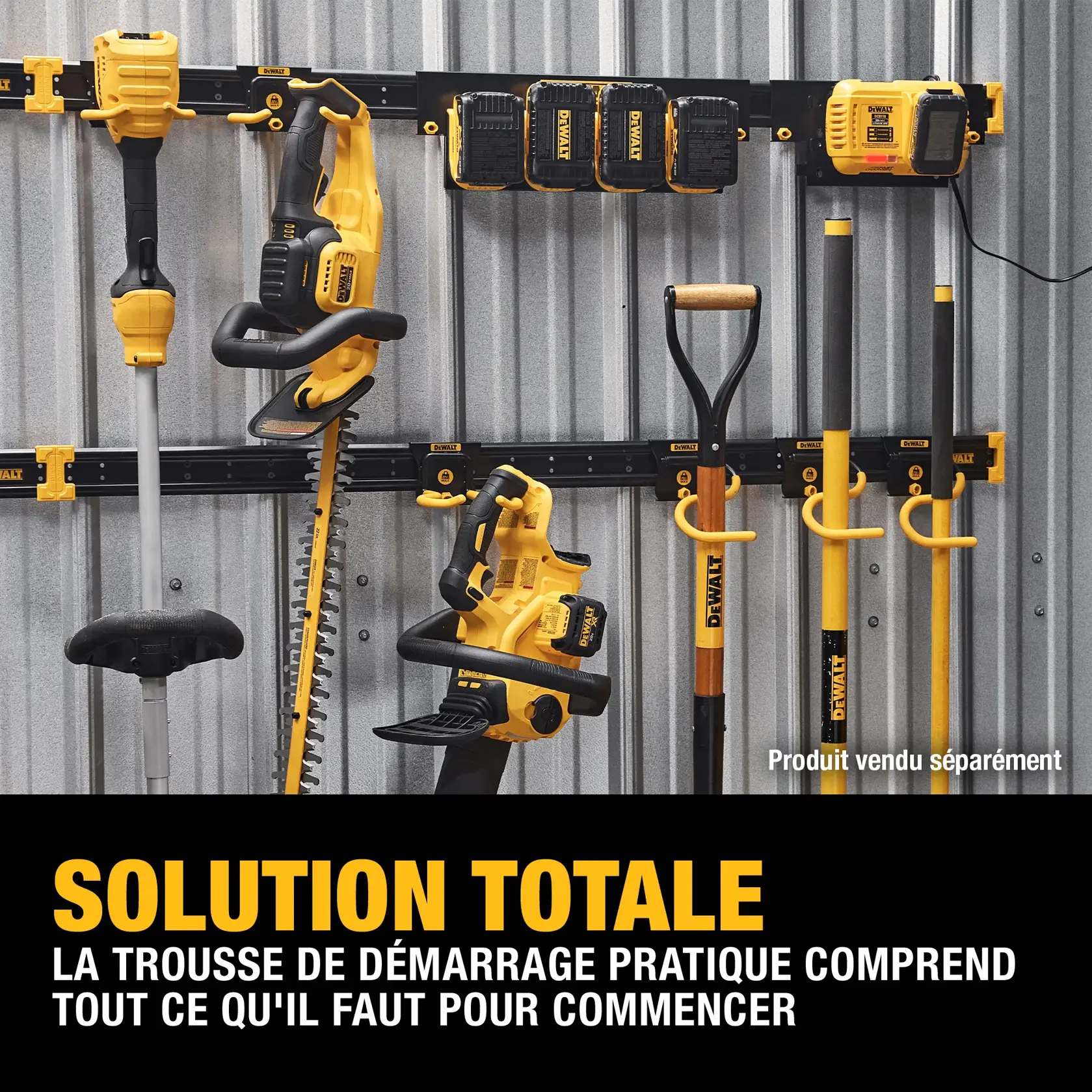 DEWALT starter kit for organizing and storing power tools, batteries, chargers, and gardening tools mounted on a wall with hooks and holders. The display includes yellow and black DEWALT branded tools and accessories, with text promoting a convenient starter kit solution.