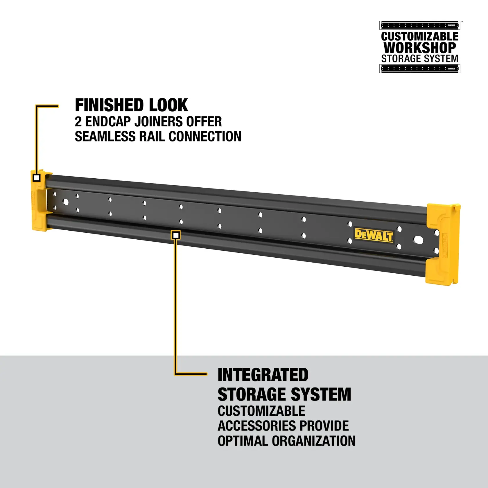 Image of a DEWALT customizable workshop storage system rail with yellow endcap joiners. The rail offers a finished look with seamless rail connection and integrates customizable accessories for optimal organization.