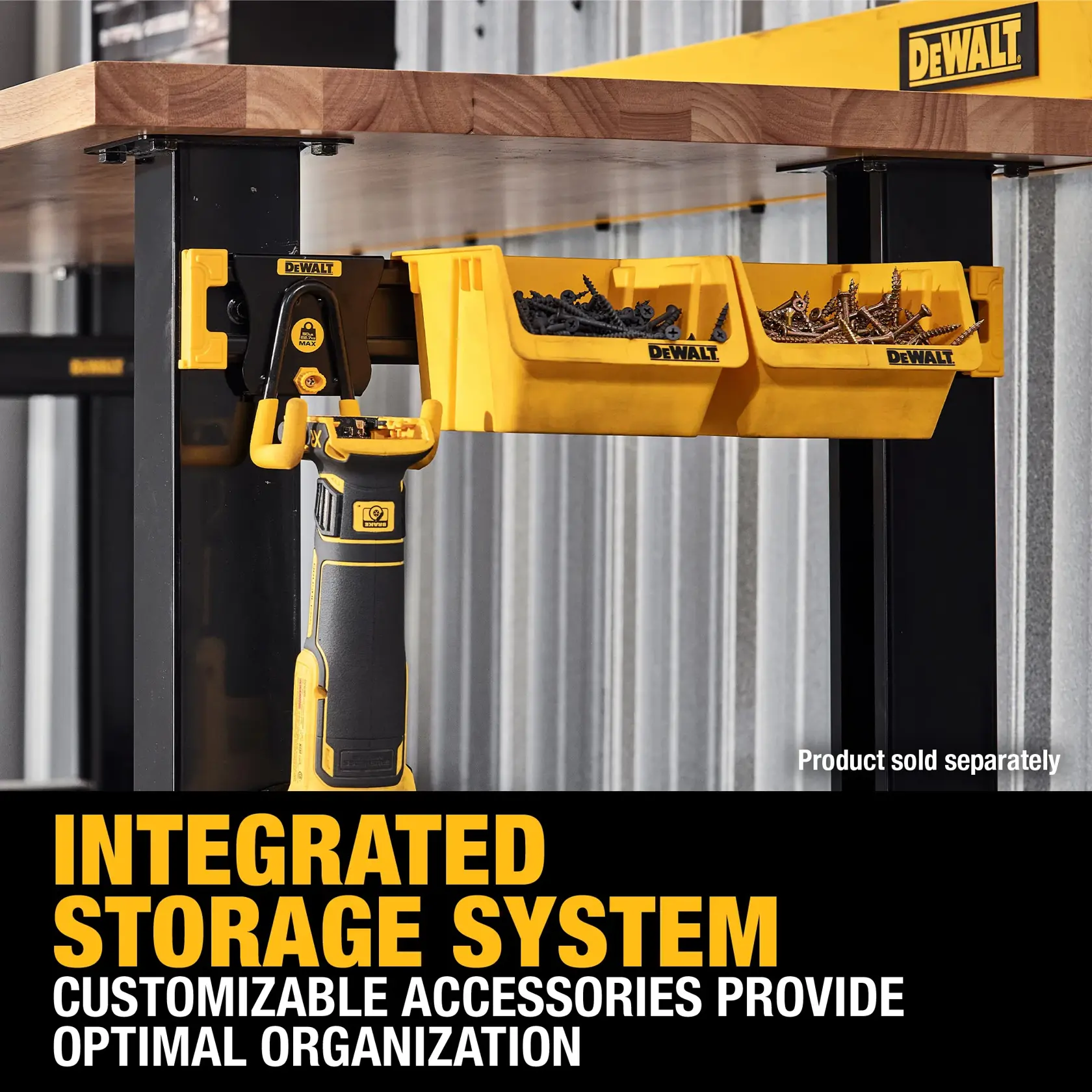 Close-up of a DEWALT integrated storage system mounted under a workbench, featuring yellow customizable accessory bins filled with hardware and a tool holder attached to the side. The text promotes customizable accessories for optimal organization.