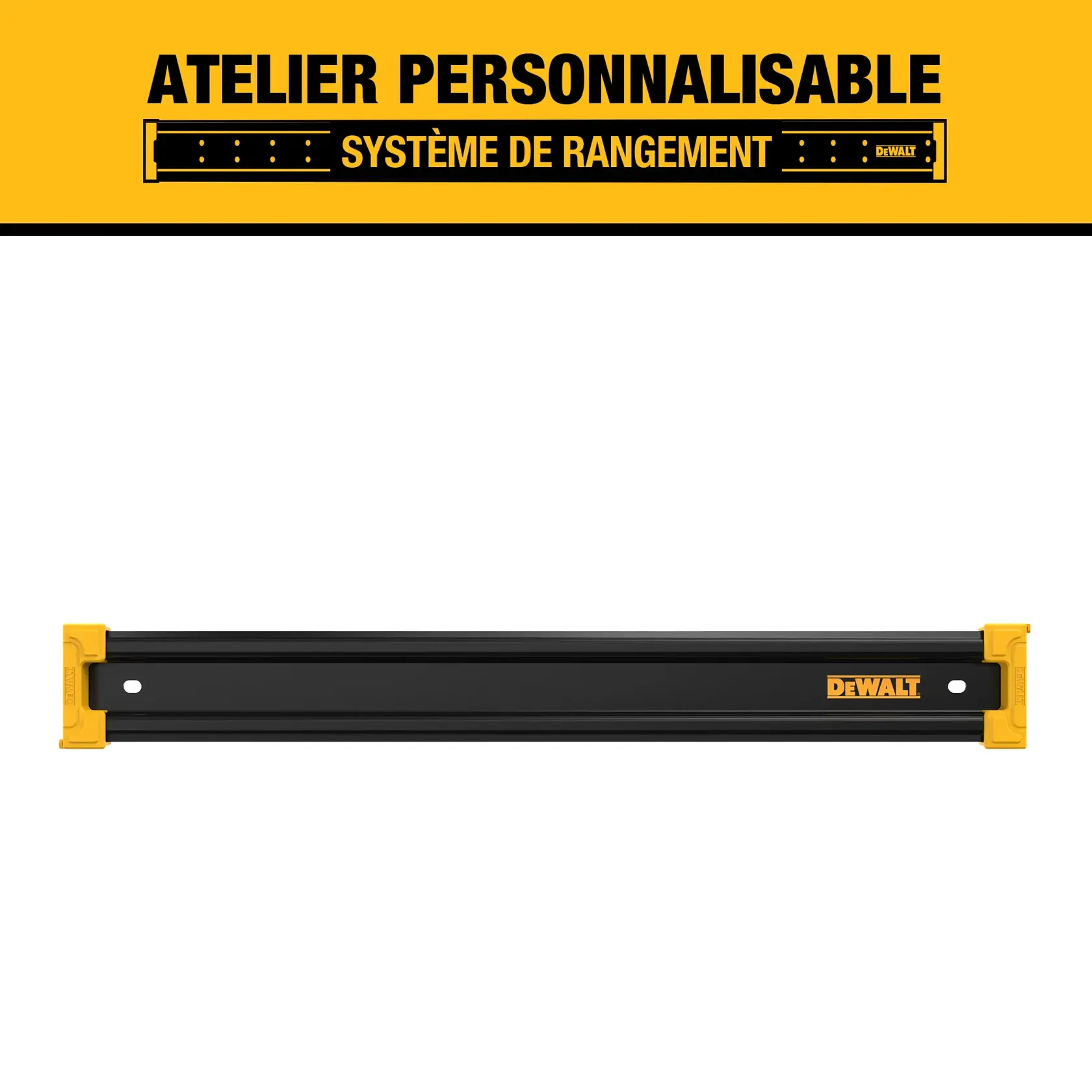 DEWALT customizable workshop storage system graphic featuring a long black metal mounting rail with yellow end caps and the DEWALT logo.