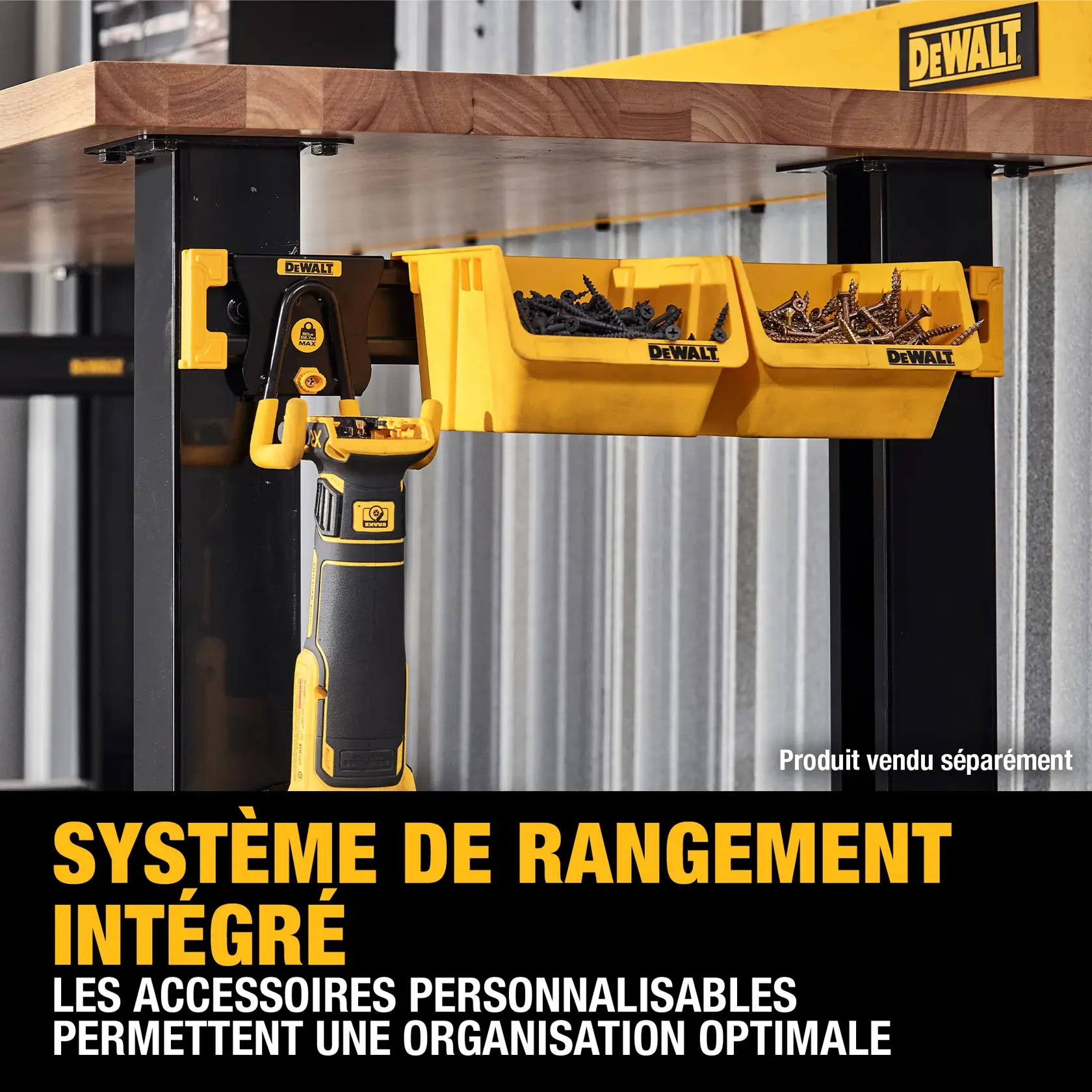 Close-up of a DEWALT integrated storage system mounted under a workbench, featuring yellow customizable accessory bins filled with hardware and a tool holder attached to the side. The text promotes customizable accessories for optimal organization.