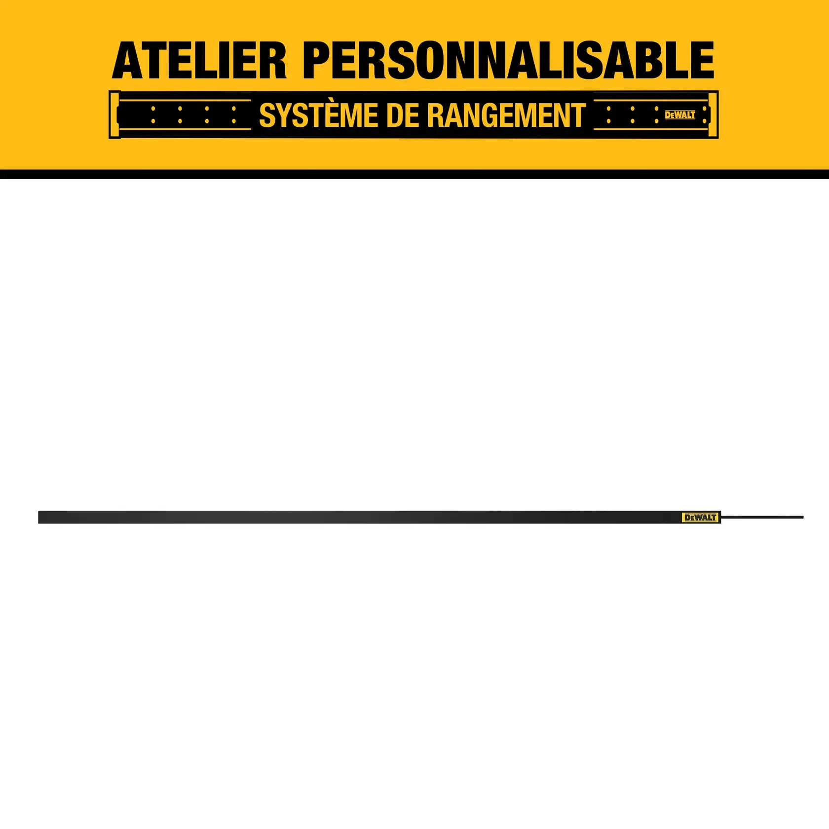DEWALT customizable workshop storage system graphic with a yellow header displaying the product name and a black mounting strip shown below.