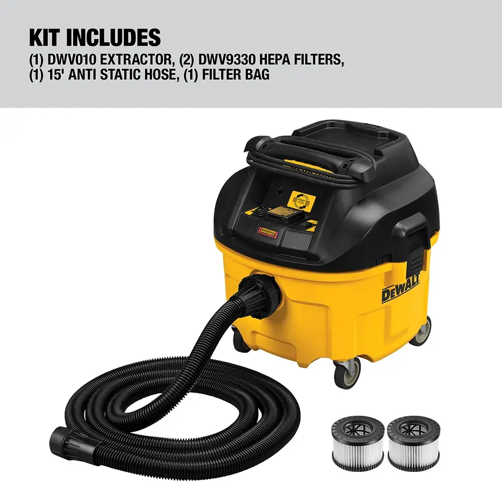 DEWALT DWV010 extractor kit including a yellow and black dust extractor on wheels, a coiled hose, two HEPA filters, and a filter bag as shown in the image.