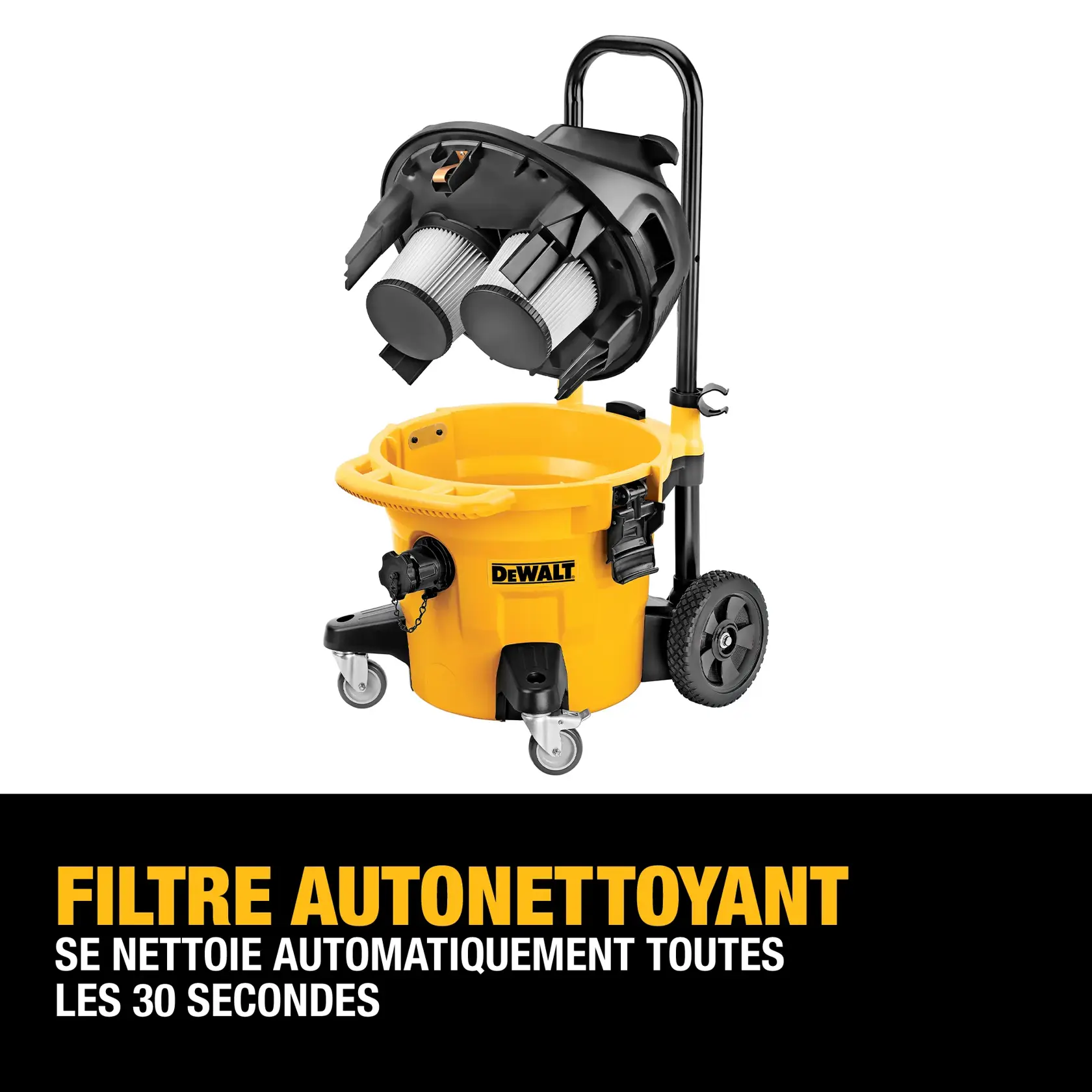 A DEWALT automatic filter cleaning vacuum on wheels, with its top section open to show two filters. The text at the bottom says: 'Automatic Filter Cleaning - Pulses every 30 seconds.'