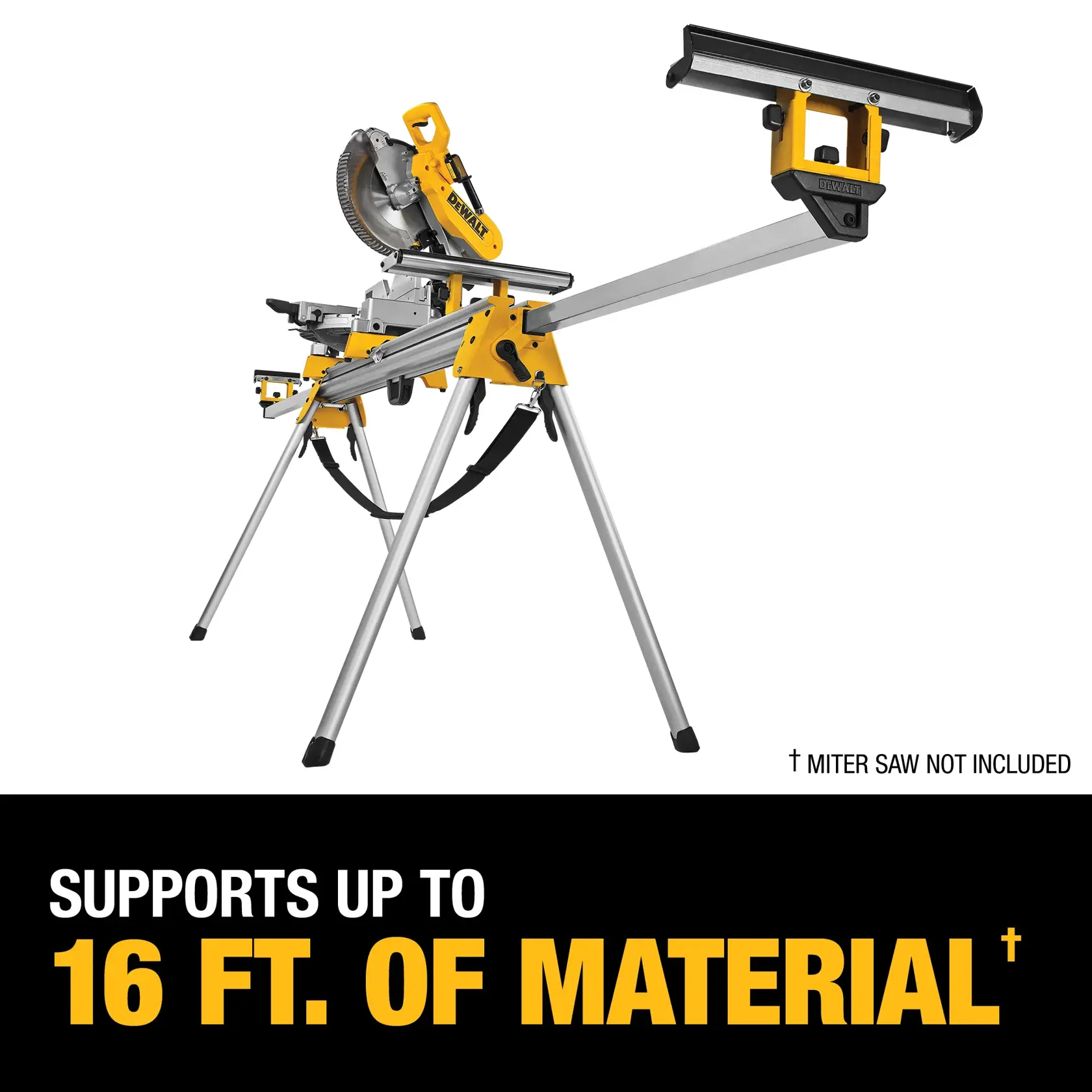 DEWALT DWX723 miter saw stand supports up to 16 feet of material, saw not included.