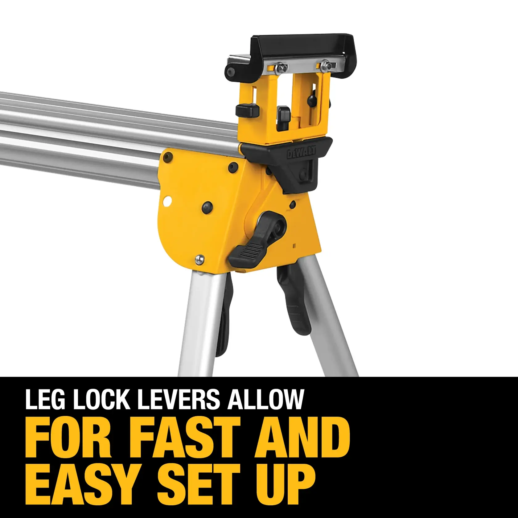 DEWALT DWX723 yellow miter saw stand with leg lock levers for quick and easy setup.