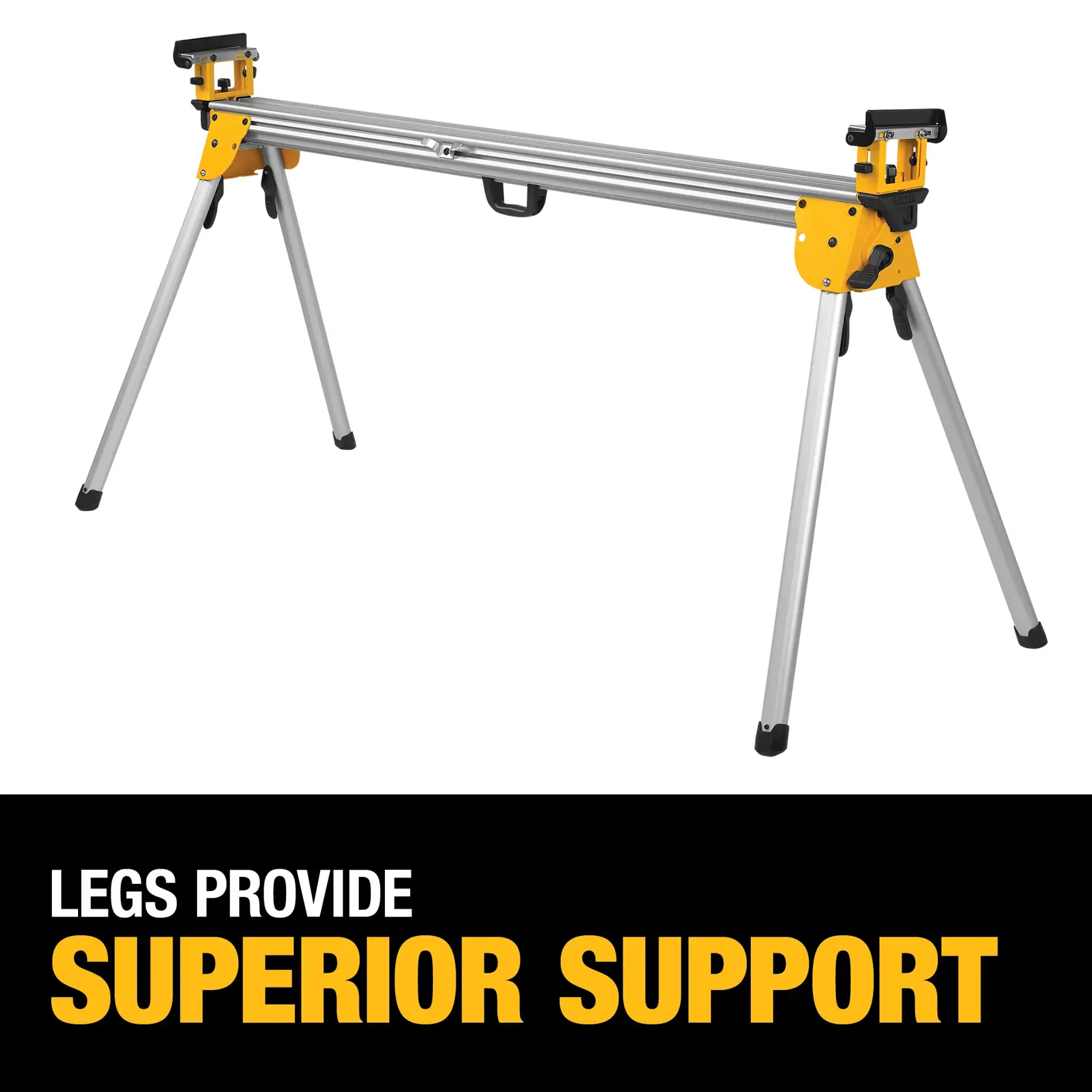 DEWALT DWX723 metal stand with foldable legs. Text says legs provide superior support.
