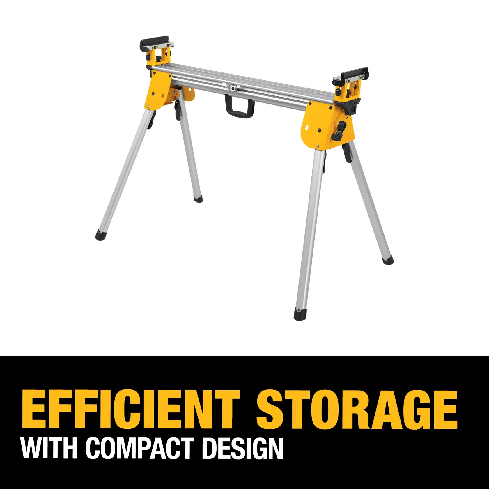 Image showing a DEWALT DWX724 compact aluminum miter saw stand with foldable legs and carrying handle. Text below the product reads 'Efficient Storage with Compact Design.'