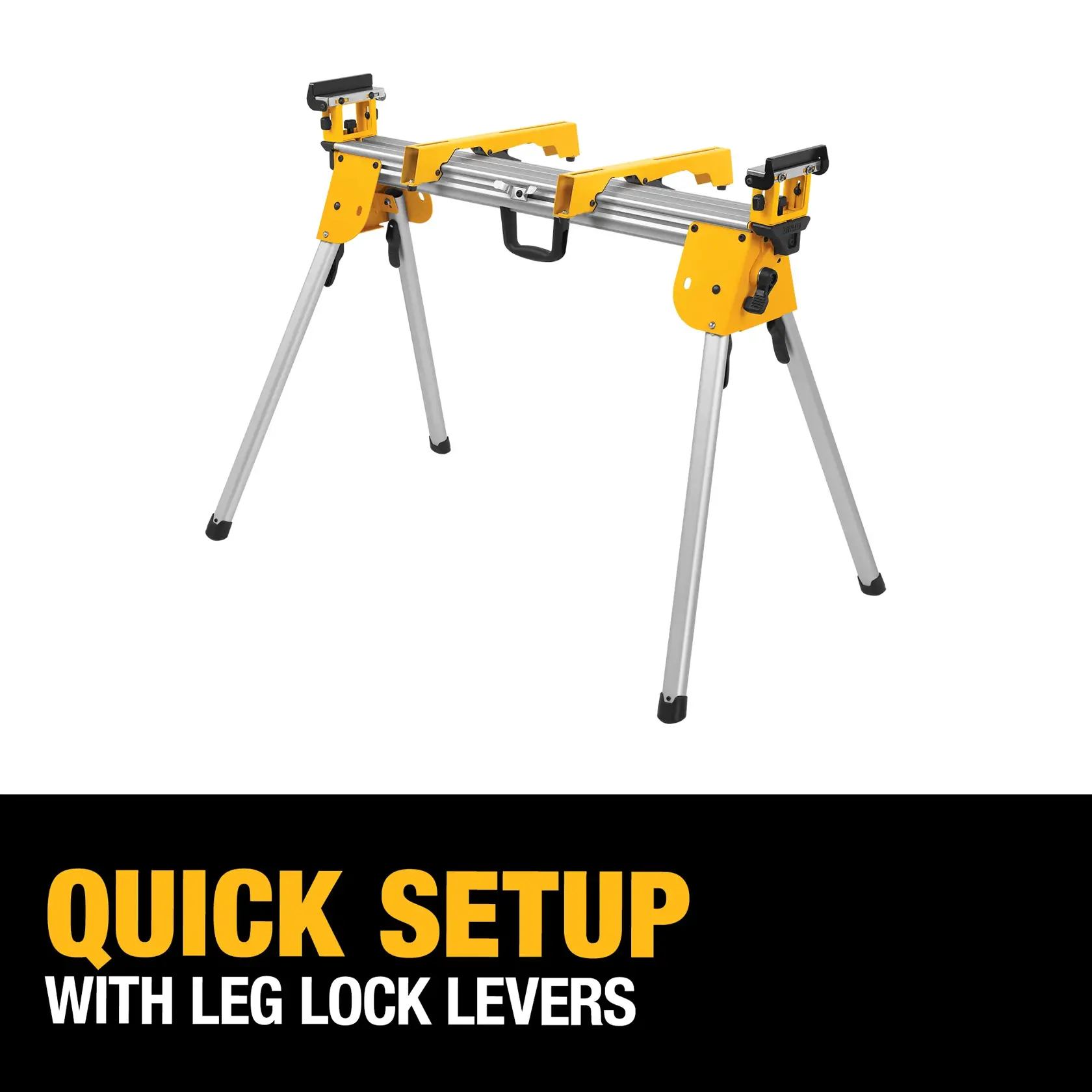 DEWALT DWX724 graphic showing a yellow and silver folding miter saw stand with four legs and adjustable features, highlighting quick setup with leg lock levers.