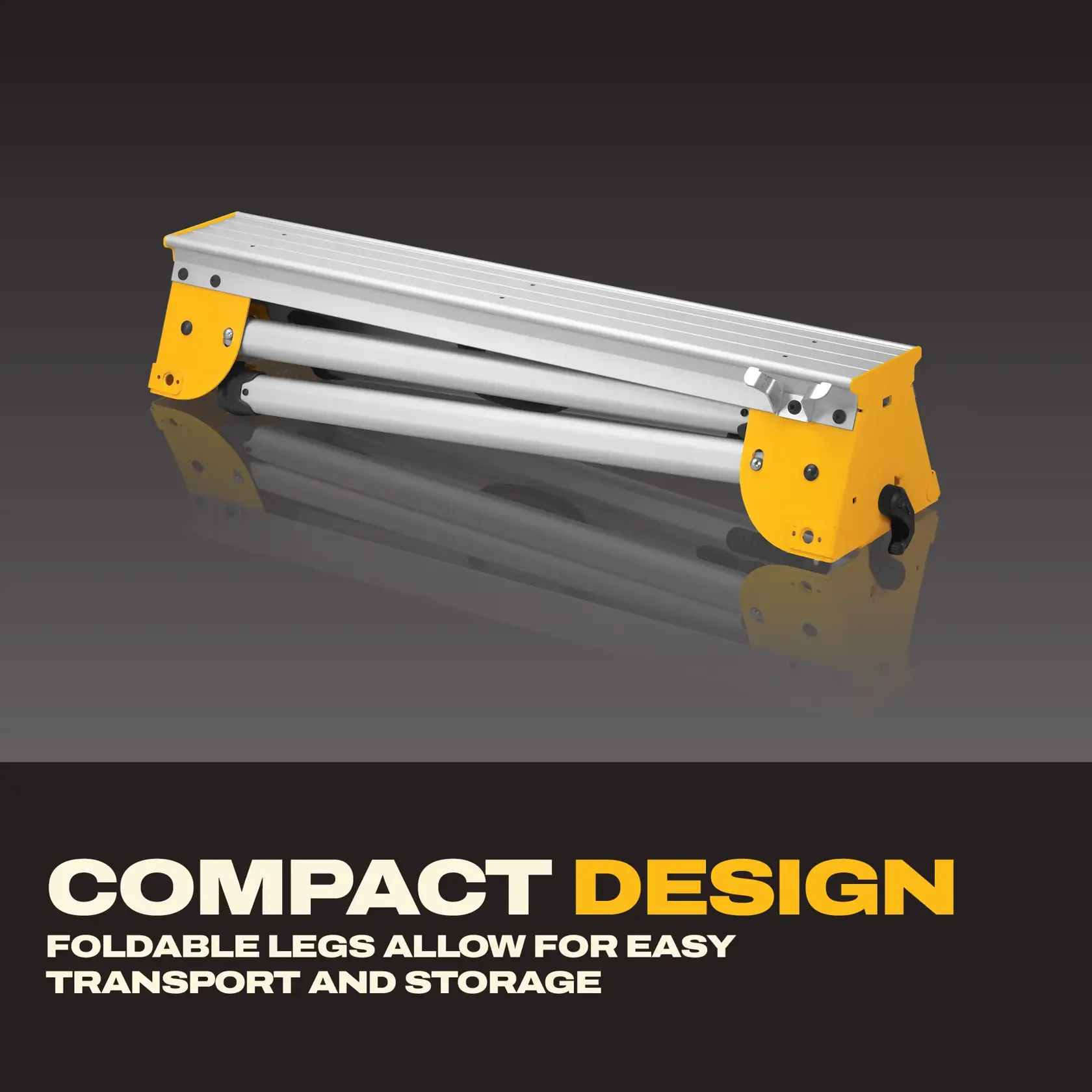 DEWALT stand with foldable legs, shown for DCKTS681D1P1 and DWX725B; compact design for easy storage and transport.