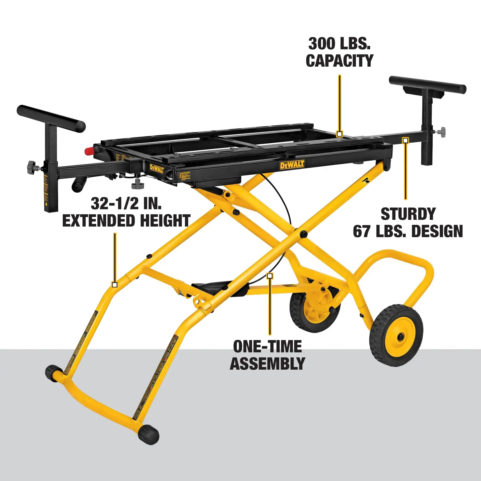 DEWALT DWX726 yellow and black rolling miter saw stand with key features labeled: 300 lbs. capacity, sturdy 67 lbs. design, one-time assembly, 32-1/2 in. extended height. Stand has two wheels and adjustable supports.