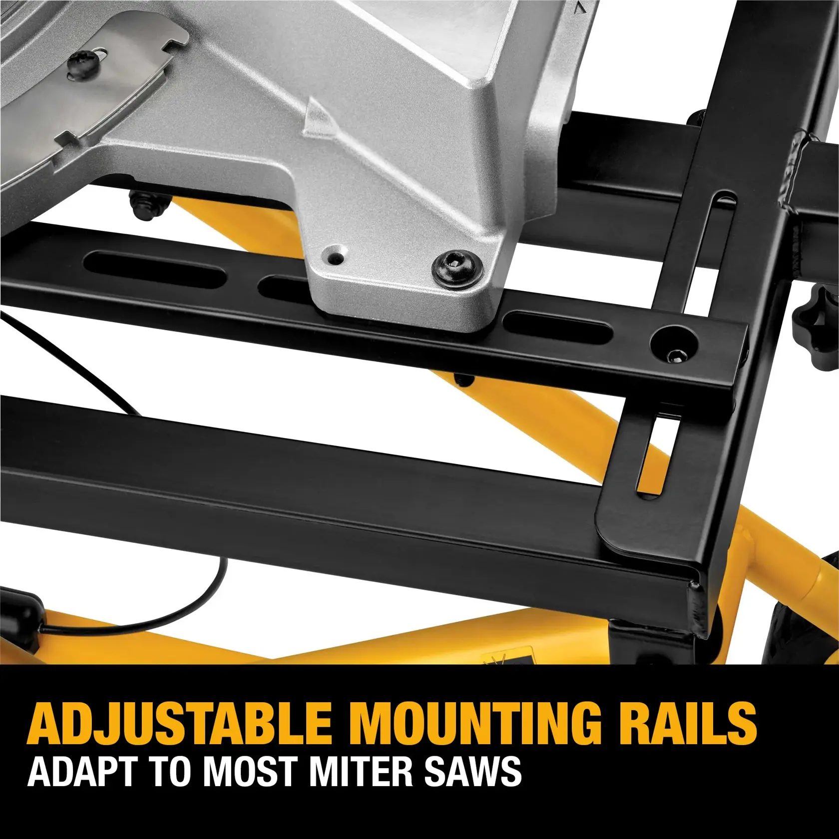 Close-up view of adjustable mounting rails on a DEWALT miter saw stand, showing how the rails adapt to most miter saws. The image features black rails with a silver miter saw base and yellow support bars.
