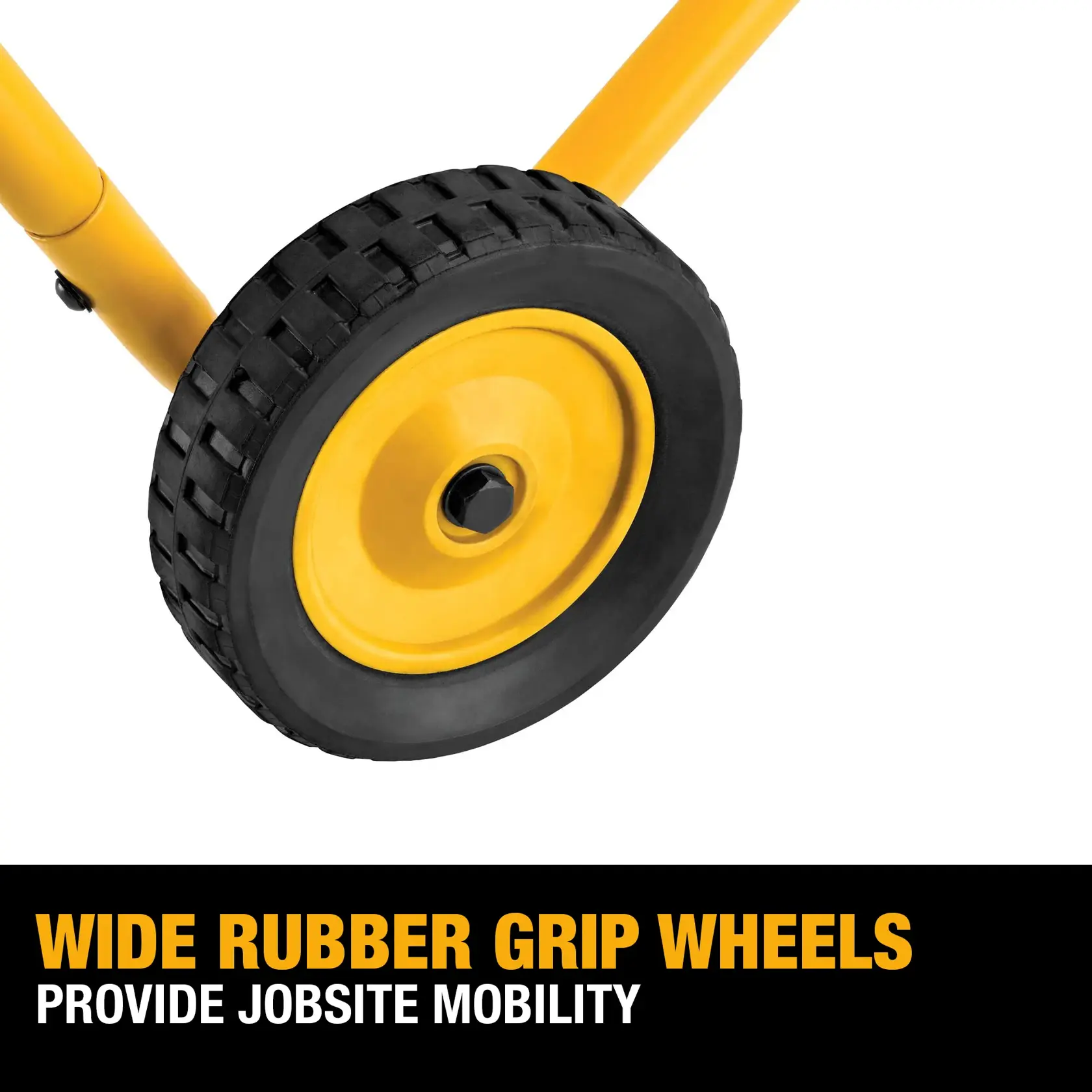 Close-up image of a DEWALT DWX726 wide rubber grip wheel attached to a yellow metal frame, with the text 'Wide Rubber Grip Wheels Provide Jobsite Mobility' displayed below.