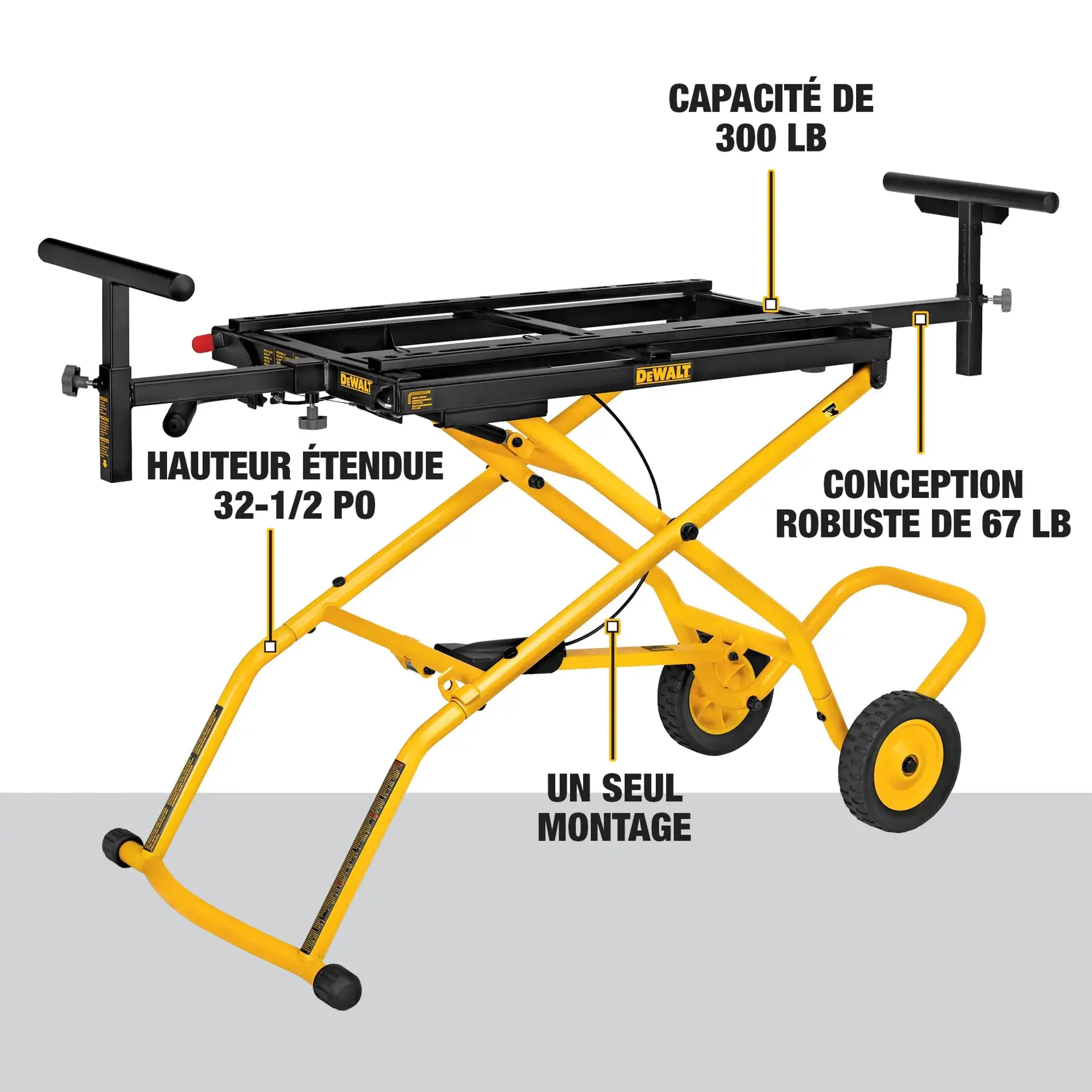 DEWALT DWX726 yellow and black rolling miter saw stand with key features labeled: 300 lbs. capacity, sturdy 67 lbs. design, one-time assembly, 32-1/2 in. extended height. Stand has two wheels and adjustable supports.