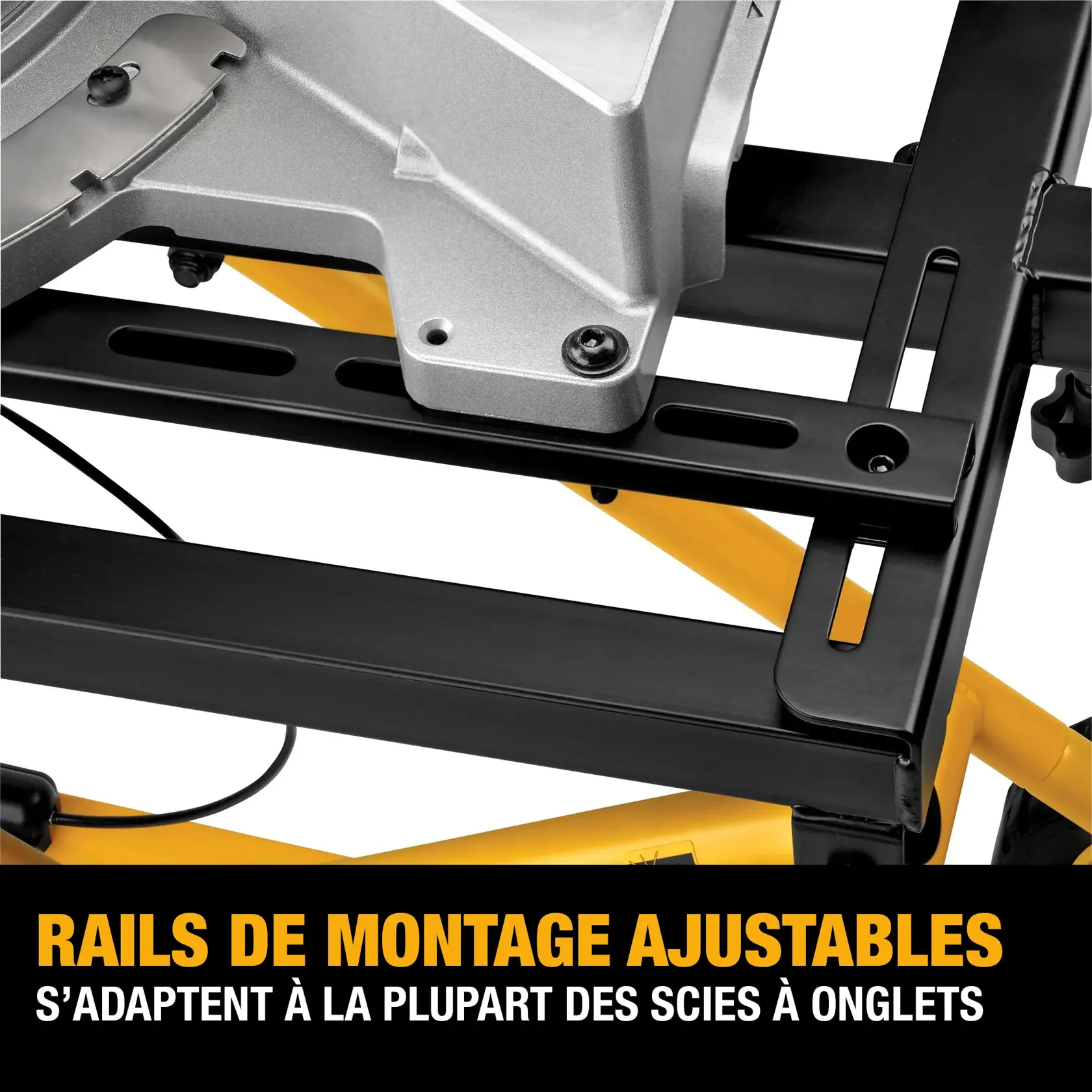 Close-up view of adjustable mounting rails on a DEWALT miter saw stand, showing how the rails adapt to most miter saws. The image features black rails with a silver miter saw base and yellow support bars.