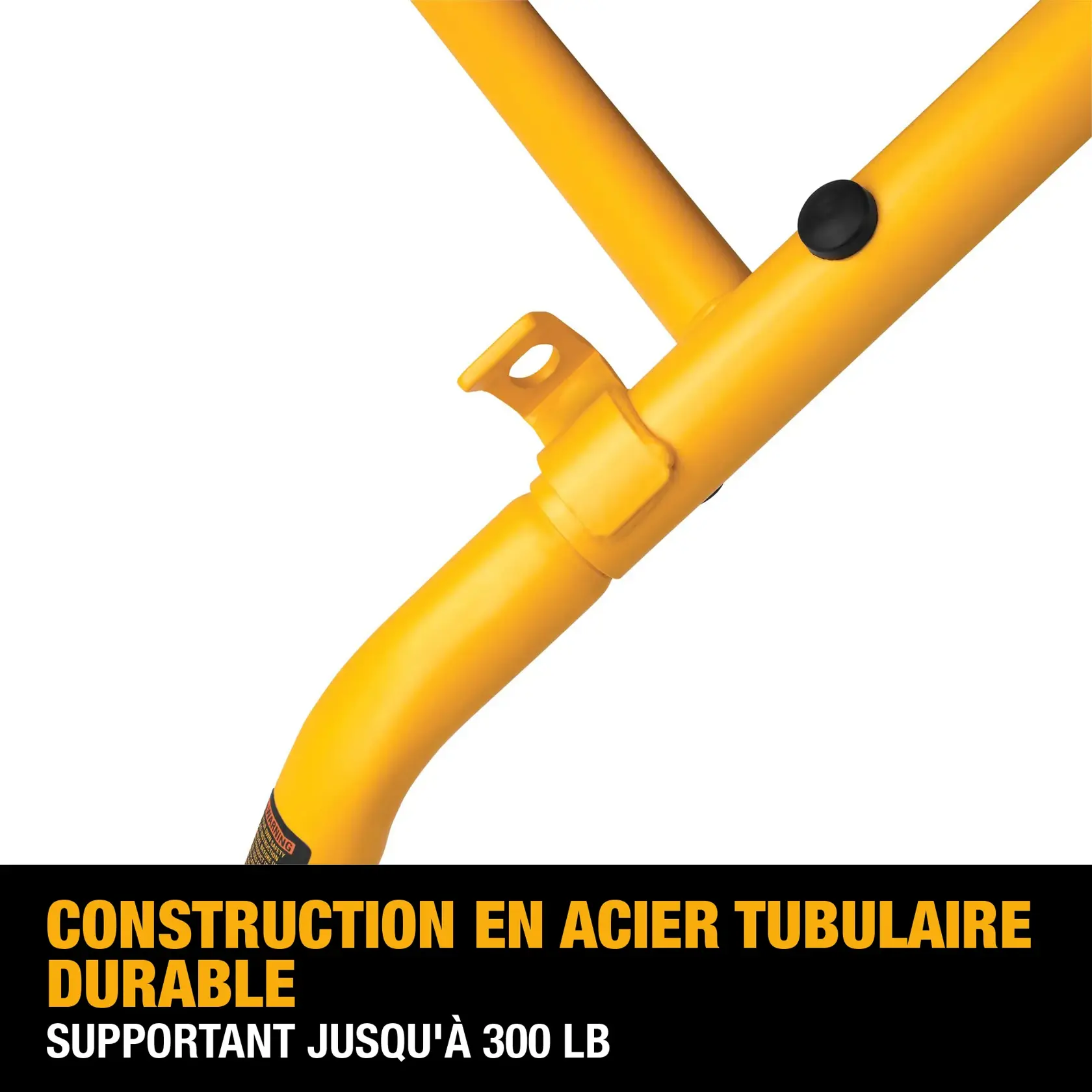 Close-up image of a DEWALT DWX726 wide rubber grip wheel attached to a yellow metal frame, with the text 'Wide Rubber Grip Wheels Provide Jobsite Mobility' displayed below.