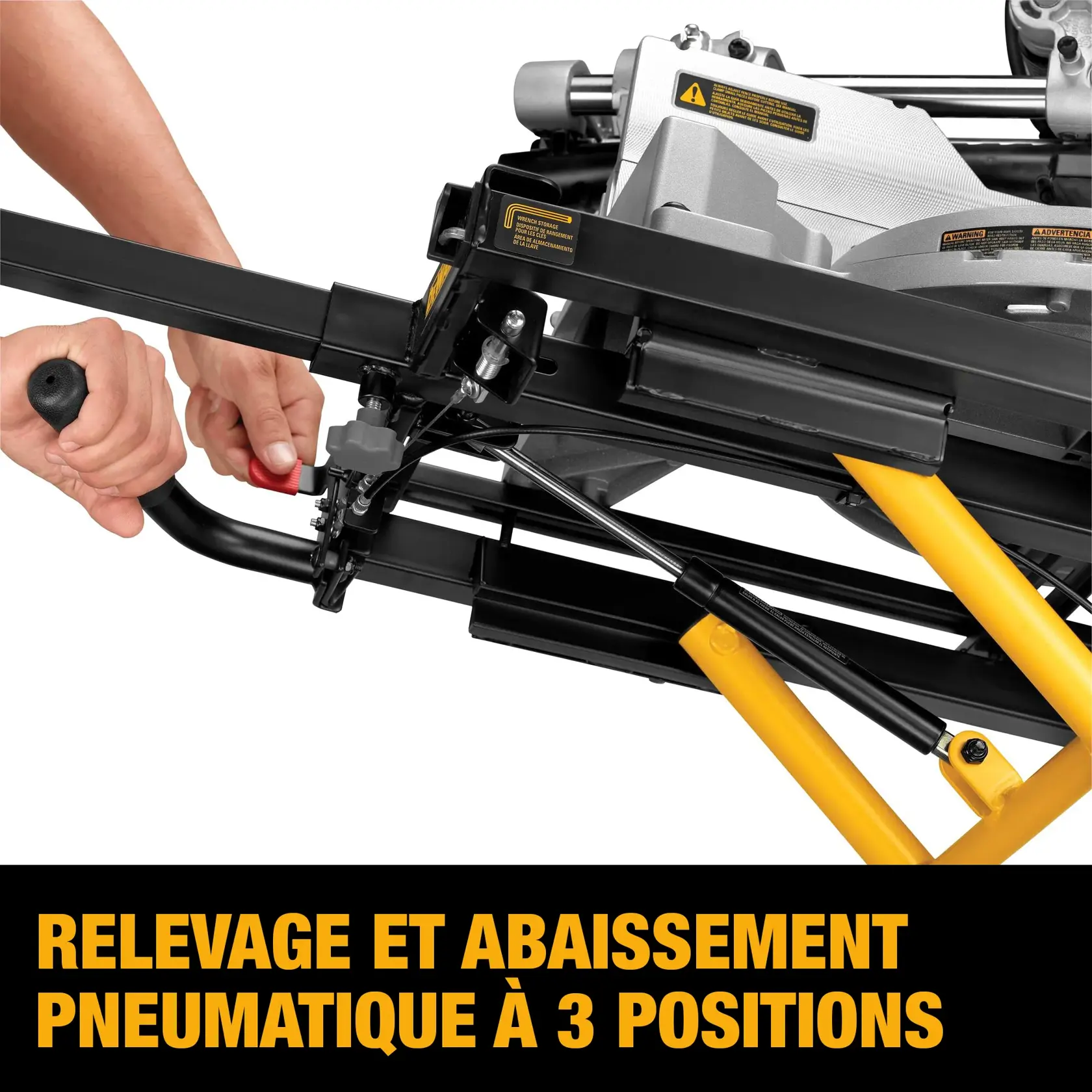 A DEWALT DWX726 yellow rolling workstation stand with adjustable supports and black frame, designed for mounting tools such as miter saws. The stand has two large wheels for mobility, folding legs, and extended handles for tool support.
