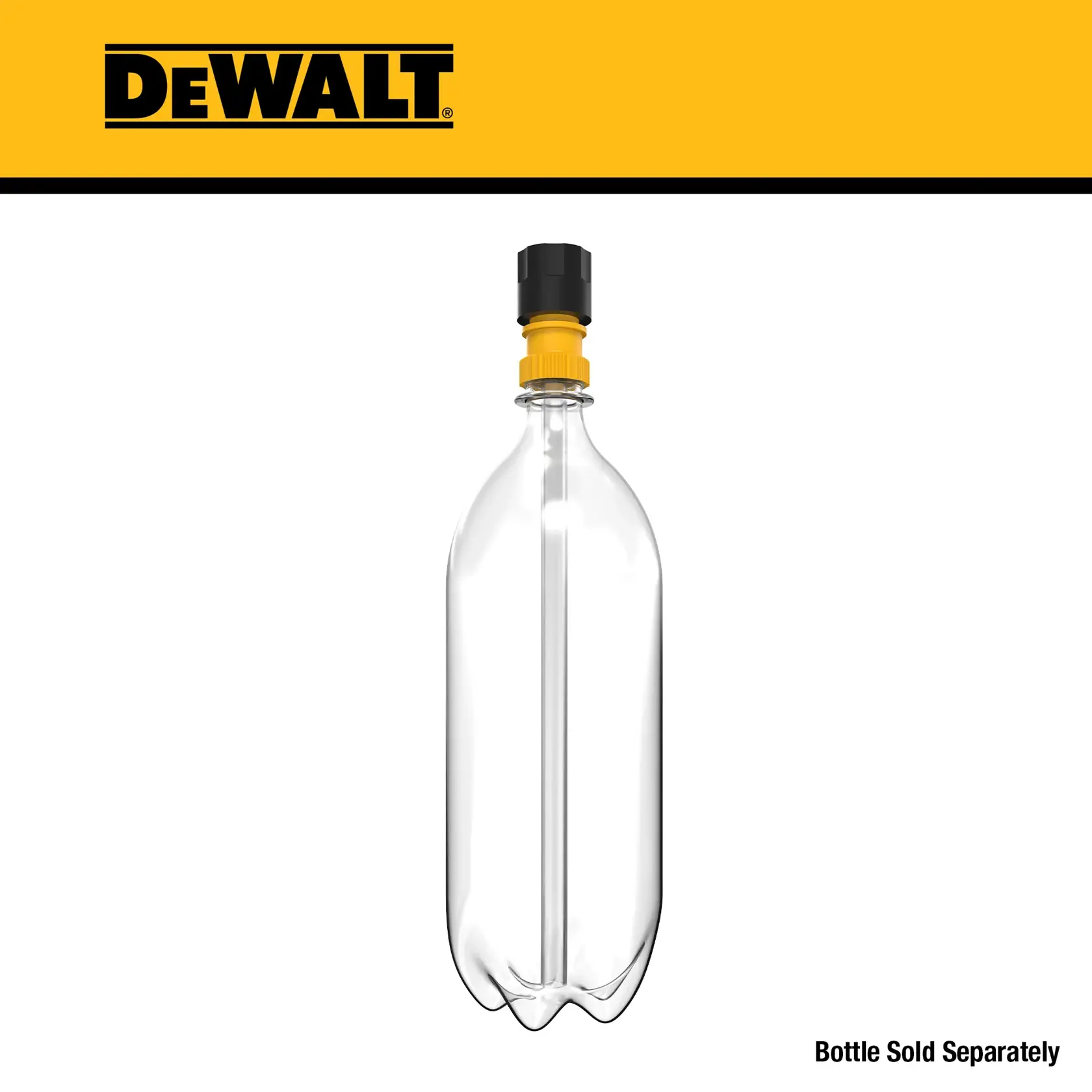 A DEWALT branded attachment is shown fitted onto the top of a clear plastic bottle. The attachment is black and yellow, and the bottle is labeled as sold separately. The DEWALT logo is displayed above the product.