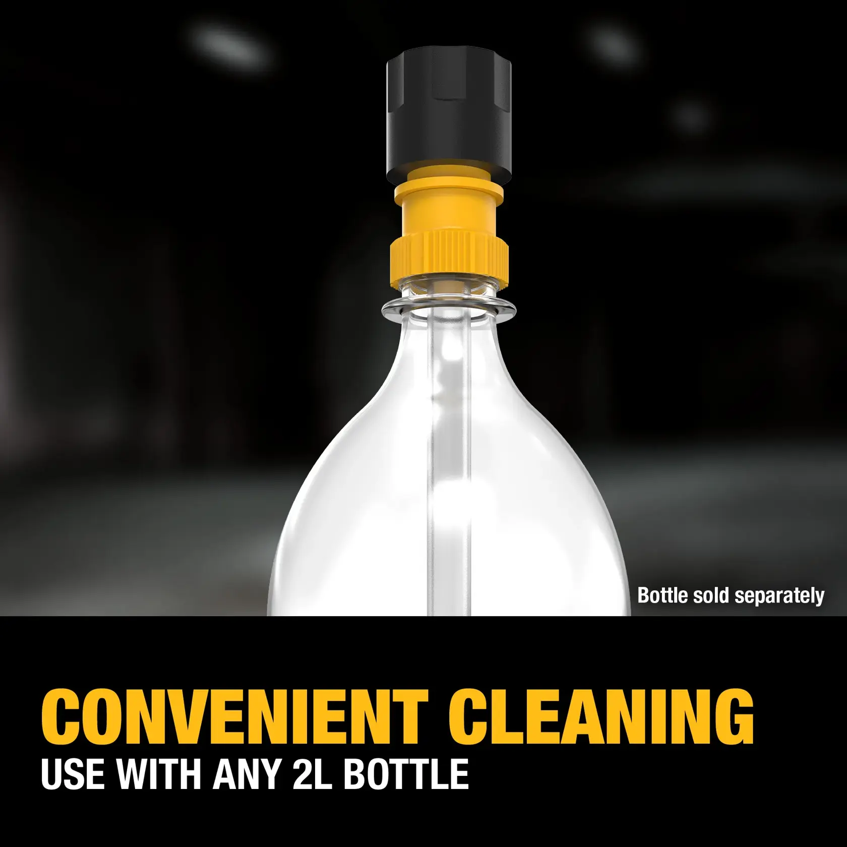 DEWALT cleaning adapter attached to a transparent 2-liter plastic bottle, with a black and yellow cap, shown against a dark background. Text at the bottom reads 'CONVENIENT CLEANING USE WITH ANY 2L BOTTLE' and 'Bottle sold separately.'