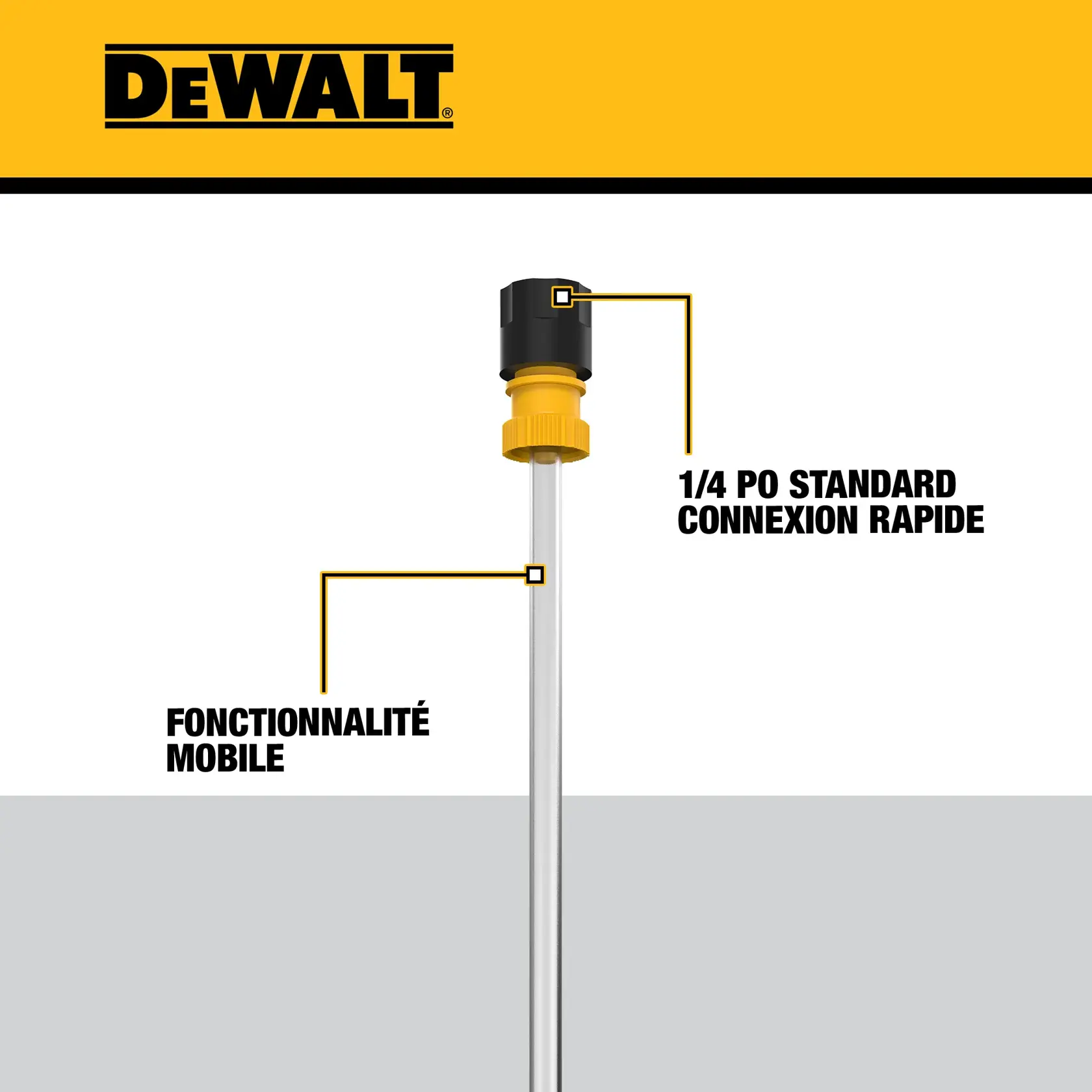 A DEWALT branded attachment is shown fitted onto the top of a clear plastic bottle. The attachment is black and yellow, and the bottle is labeled as sold separately. The DEWALT logo is displayed above the product.