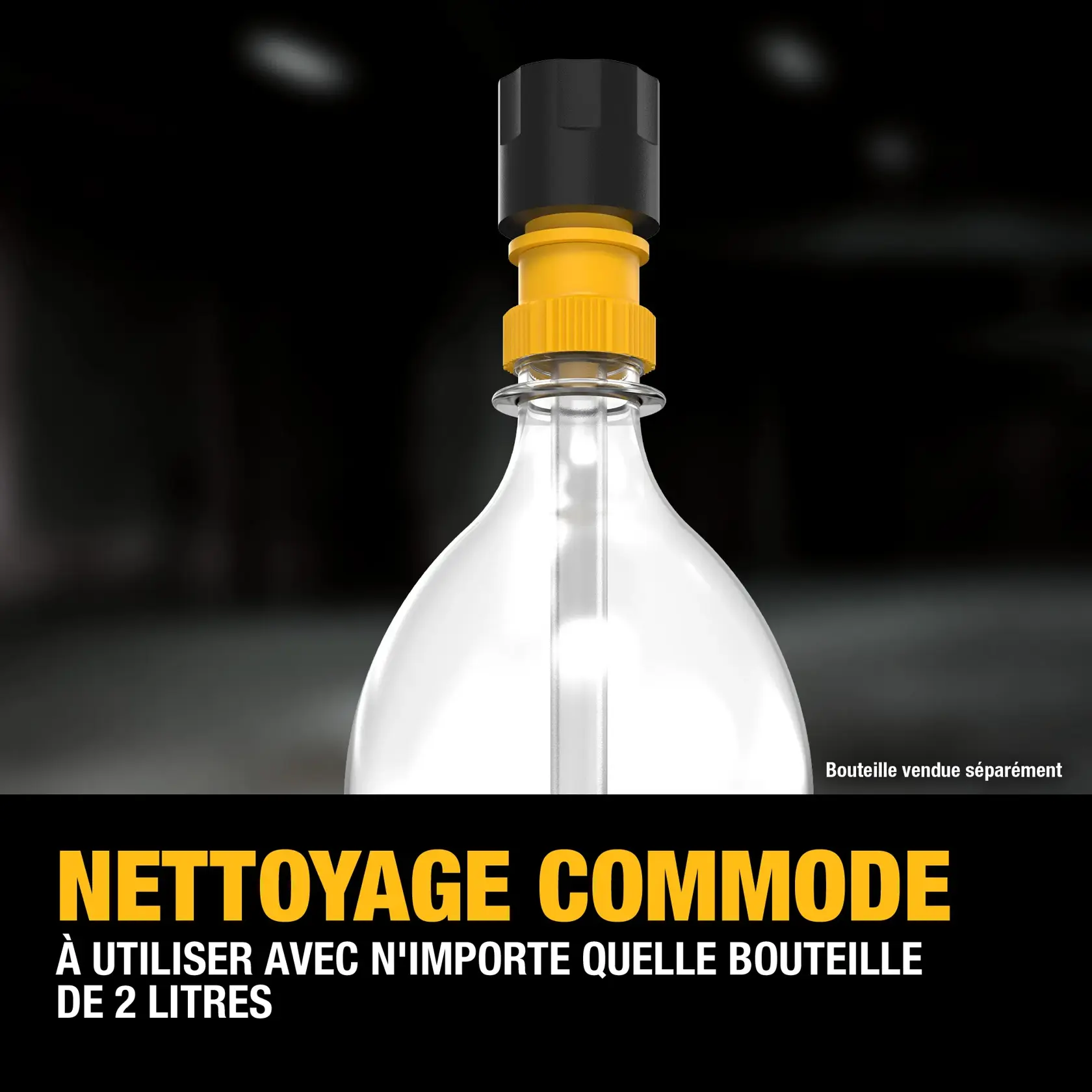 DEWALT graphic showing a product with a long metal rod and a yellow and black connector at the top. Labels highlight the standard 1/4 inch quick-connect feature and on-the-go functionality.
